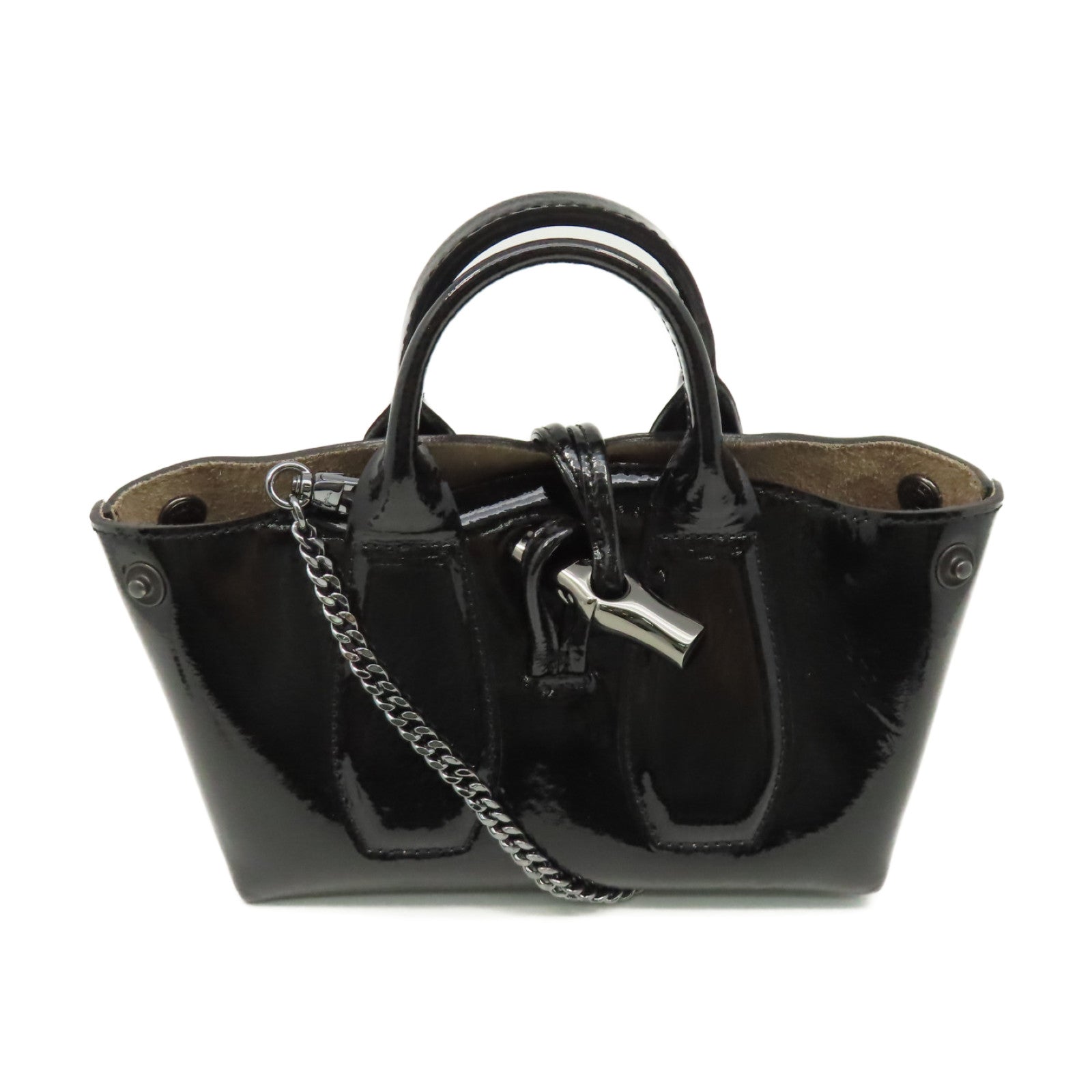 Longchamp 漆皮皮革2Way Shoulder Bag鏈帶手挽肩背兩用袋黑色