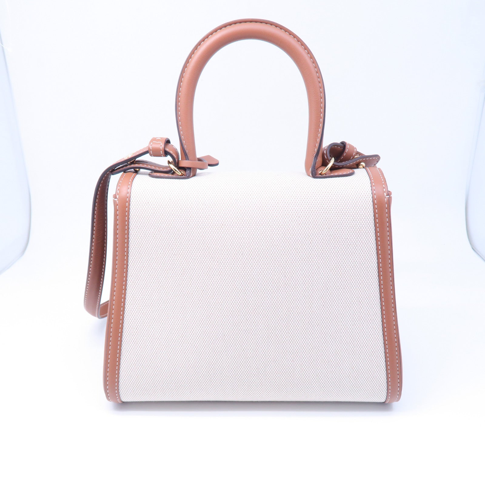 SELECTION 帆布/牛皮皮革Delvaux Brillant PM金扣手挽肩背兩用袋棕色/白色