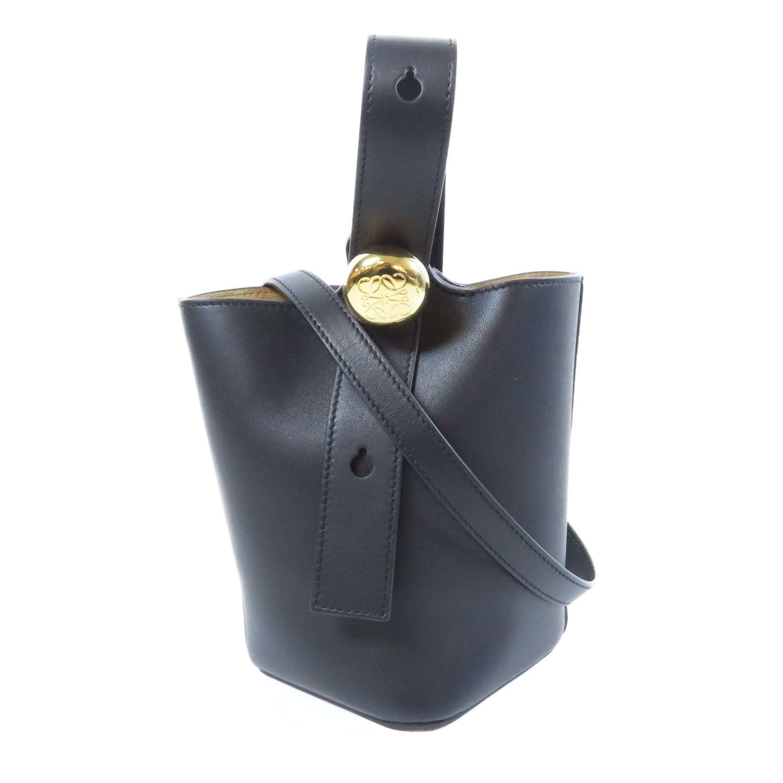 LOEWE 牛皮皮革Mini Pebble Bucket bag金扣手挽肩背兩用袋黑色