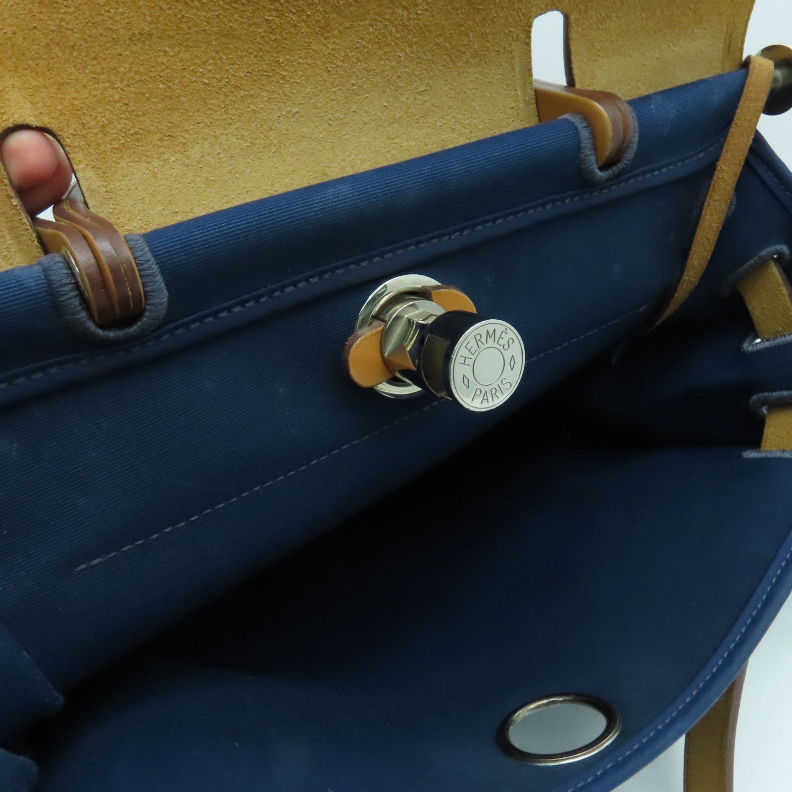 HERMES 帆布HerBag PM銀扣手挽肩背兩用袋Blue De Malte/藍色