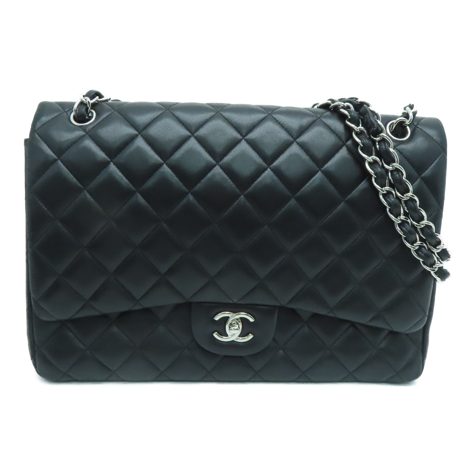 CHANEL 【激減優惠】菱格羊皮皮革Maxi Classic Flap銀扣鏈帶肩背袋黑色