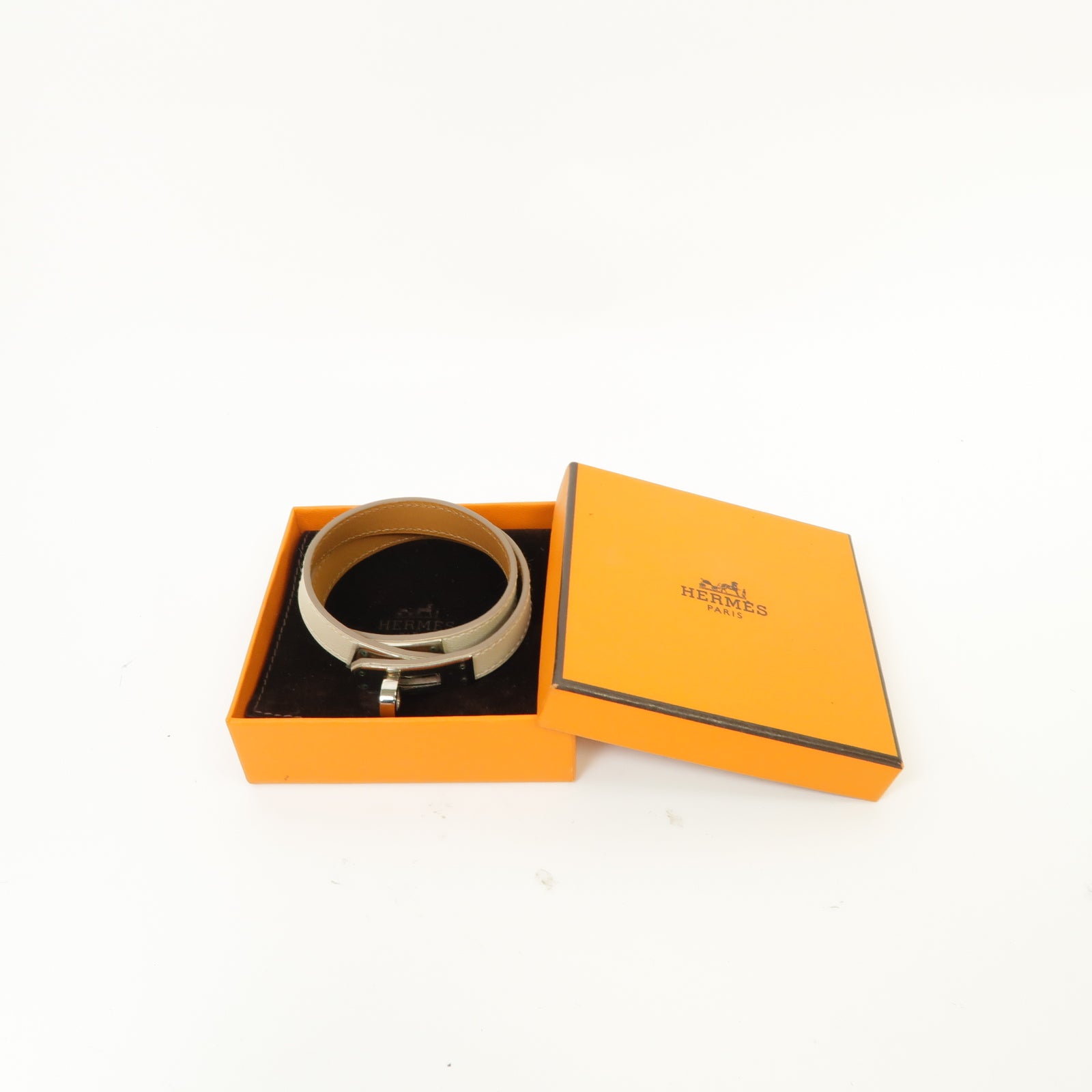 HERMES Swift皮革Kelly Double Tour銀扣手鐲米色