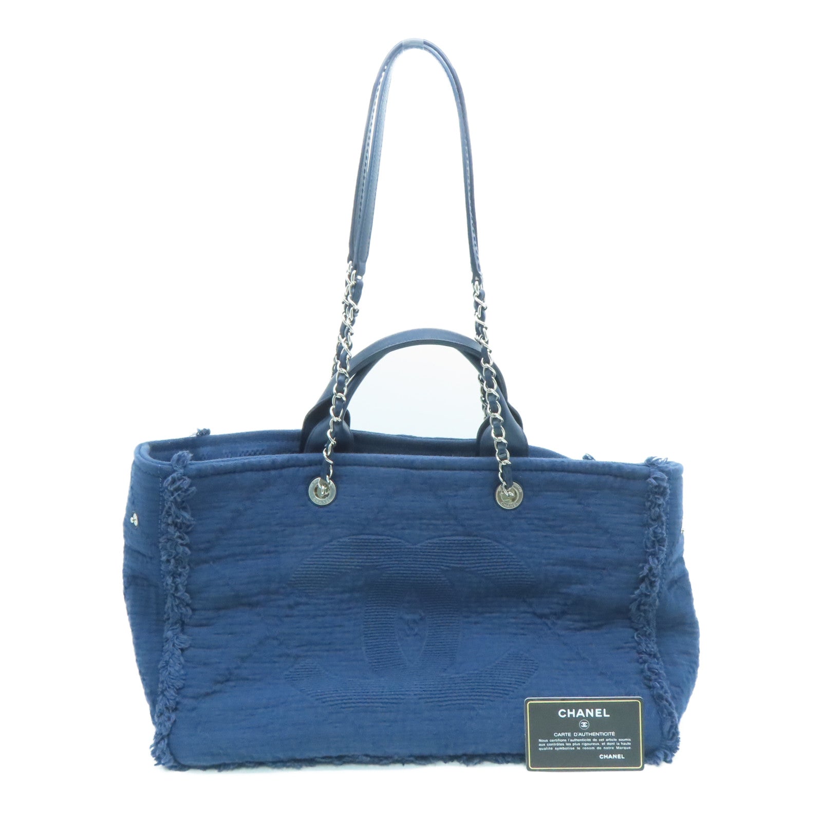 CHANEL [Sharp Discount] Mixed Fiber Large Shopping Tote Hand Silver Buckle Handle Shoulder Back Dual-Purpose Bag Navy Blue