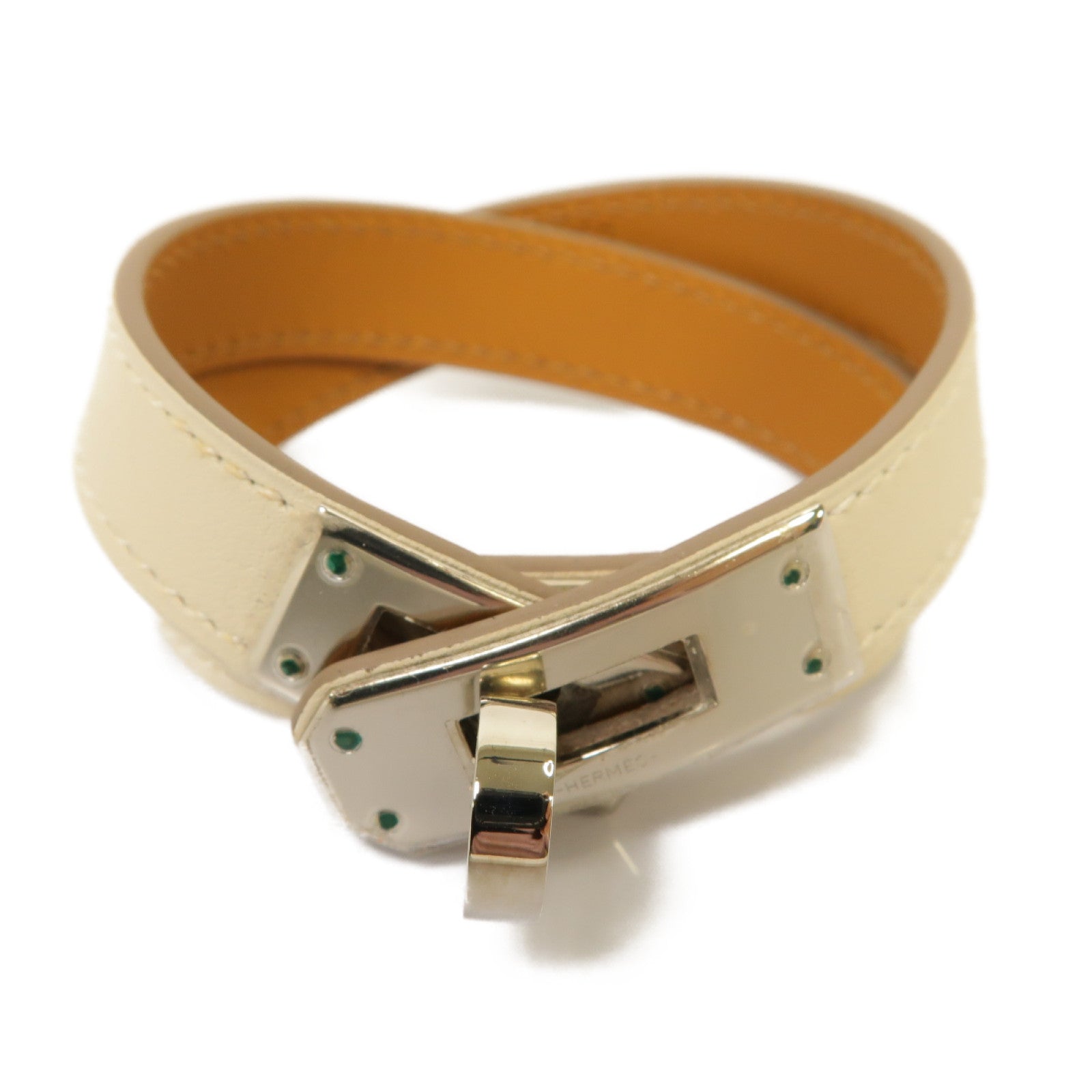 HERMES Swift皮革Kelly Double Tour銀扣手鐲米色
