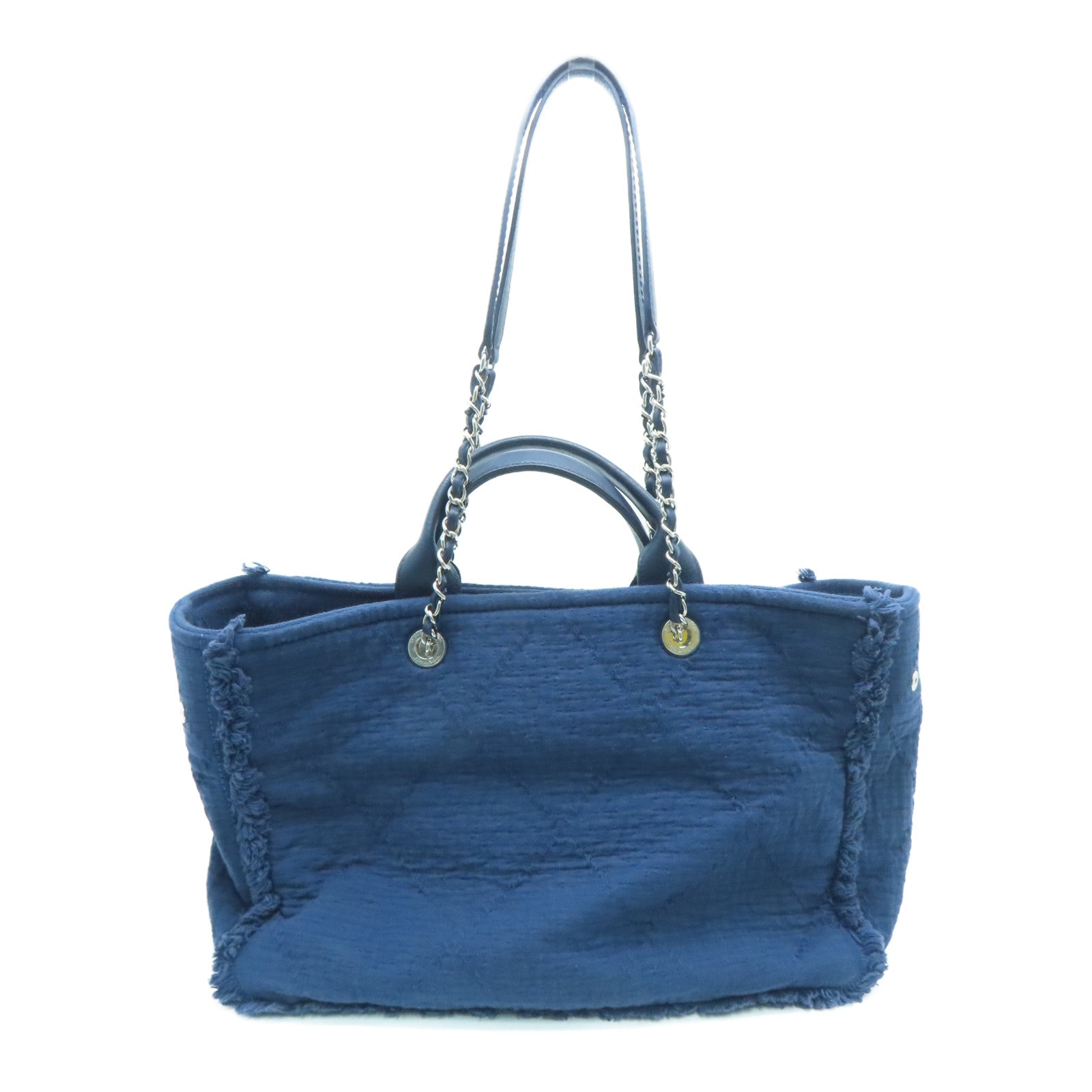 CHANEL [Sharp Discount] Mixed Fiber Large Shopping Tote Hand Silver Buckle Handle Shoulder Back Dual-Purpose Bag Navy Blue