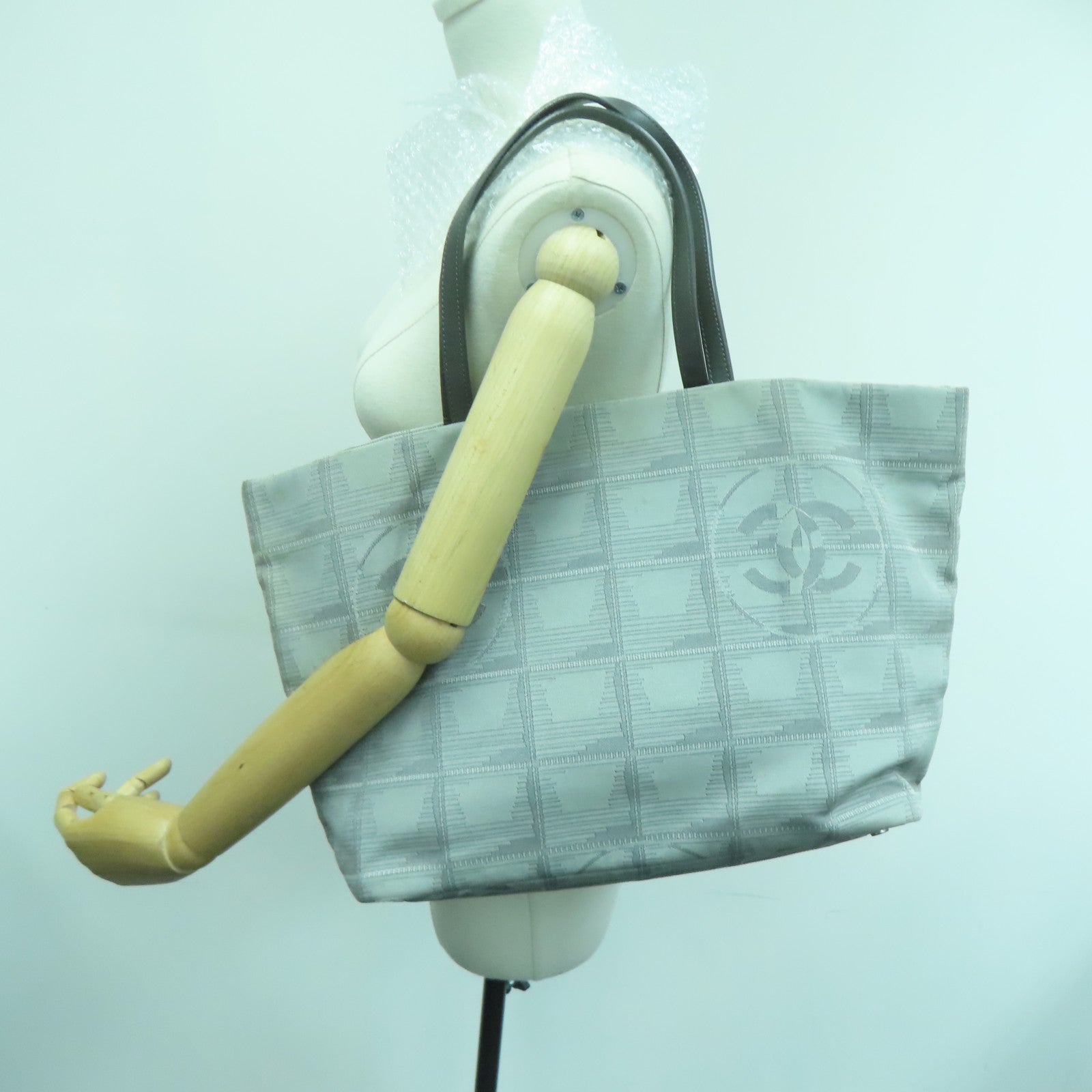 CHANEL Nylon New Travel Line Silver Buckle Hand Bag / Shoulder Bag Gray