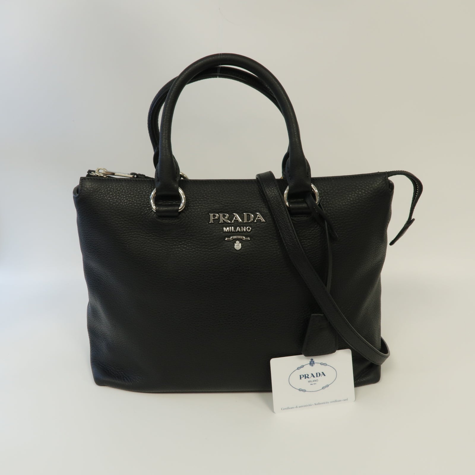PRADA 牛皮皮革2 Way Shoulder銀扣手挽肩背兩用袋黑色
