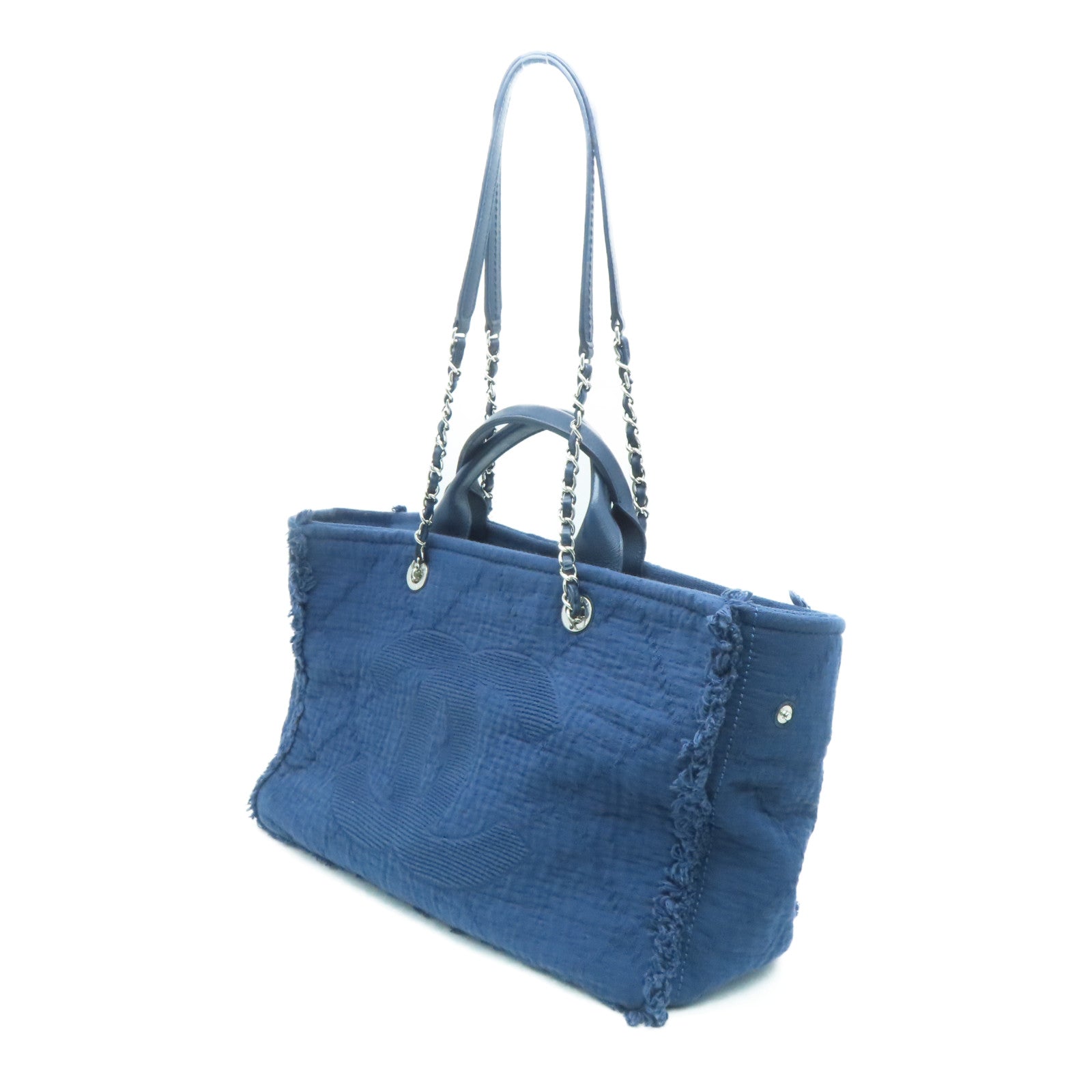 CHANEL [Sharp Discount] Mixed Fiber Large Shopping Tote Hand Silver Buckle Handle Shoulder Back Dual-Purpose Bag Navy Blue