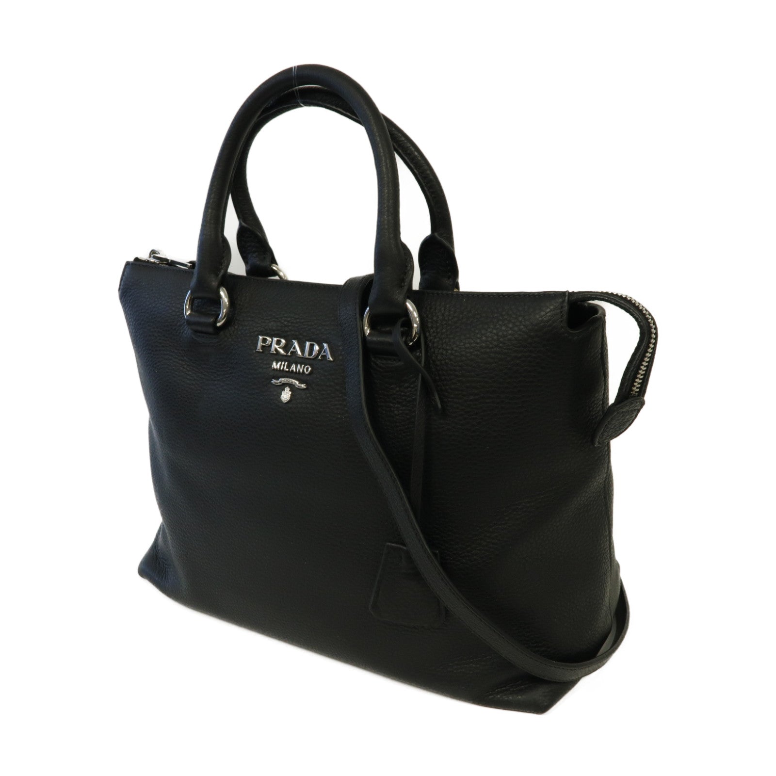 PRADA 牛皮皮革2 Way Shoulder銀扣手挽肩背兩用袋黑色