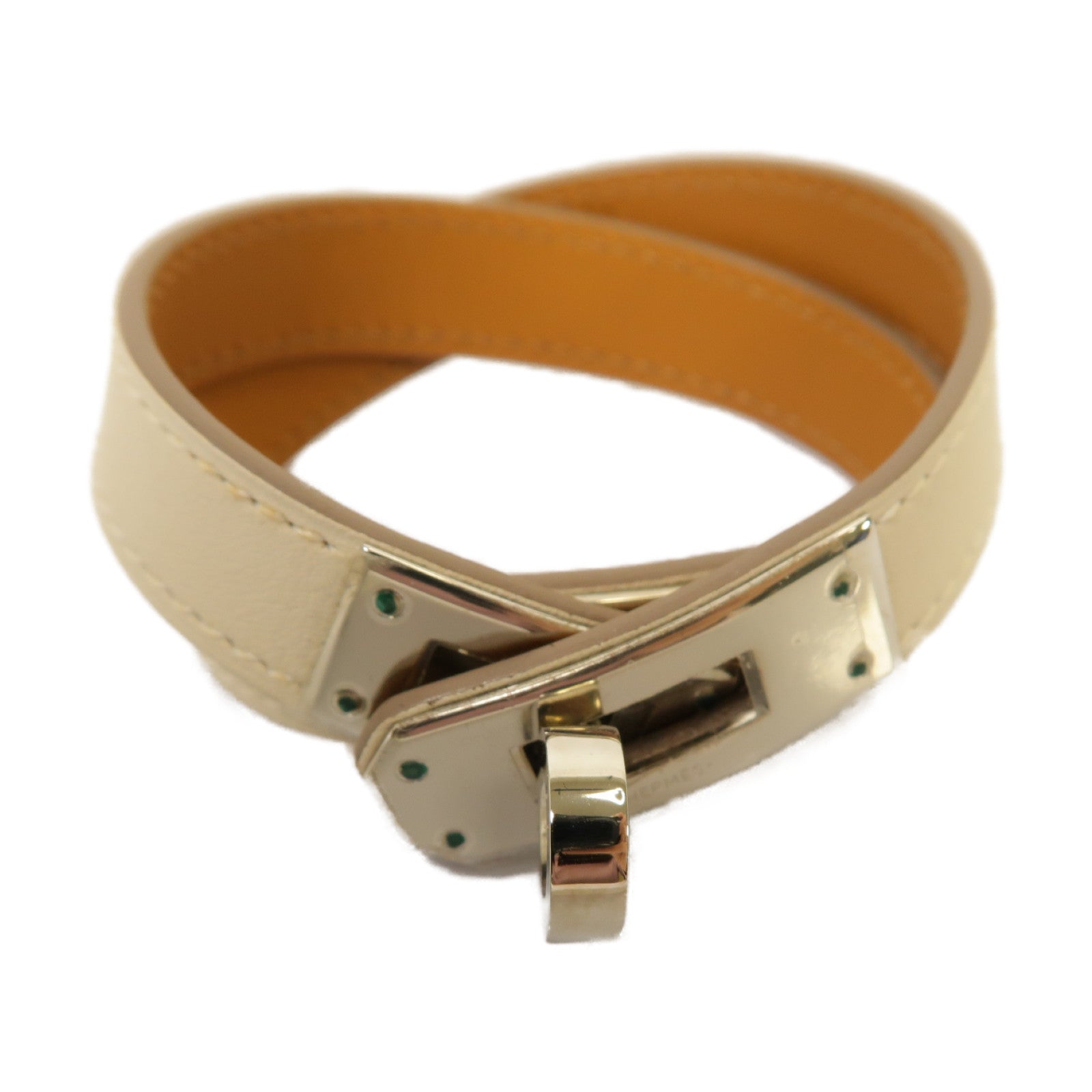 HERMES Swift皮革Kelly Double Tour銀扣手鐲米色