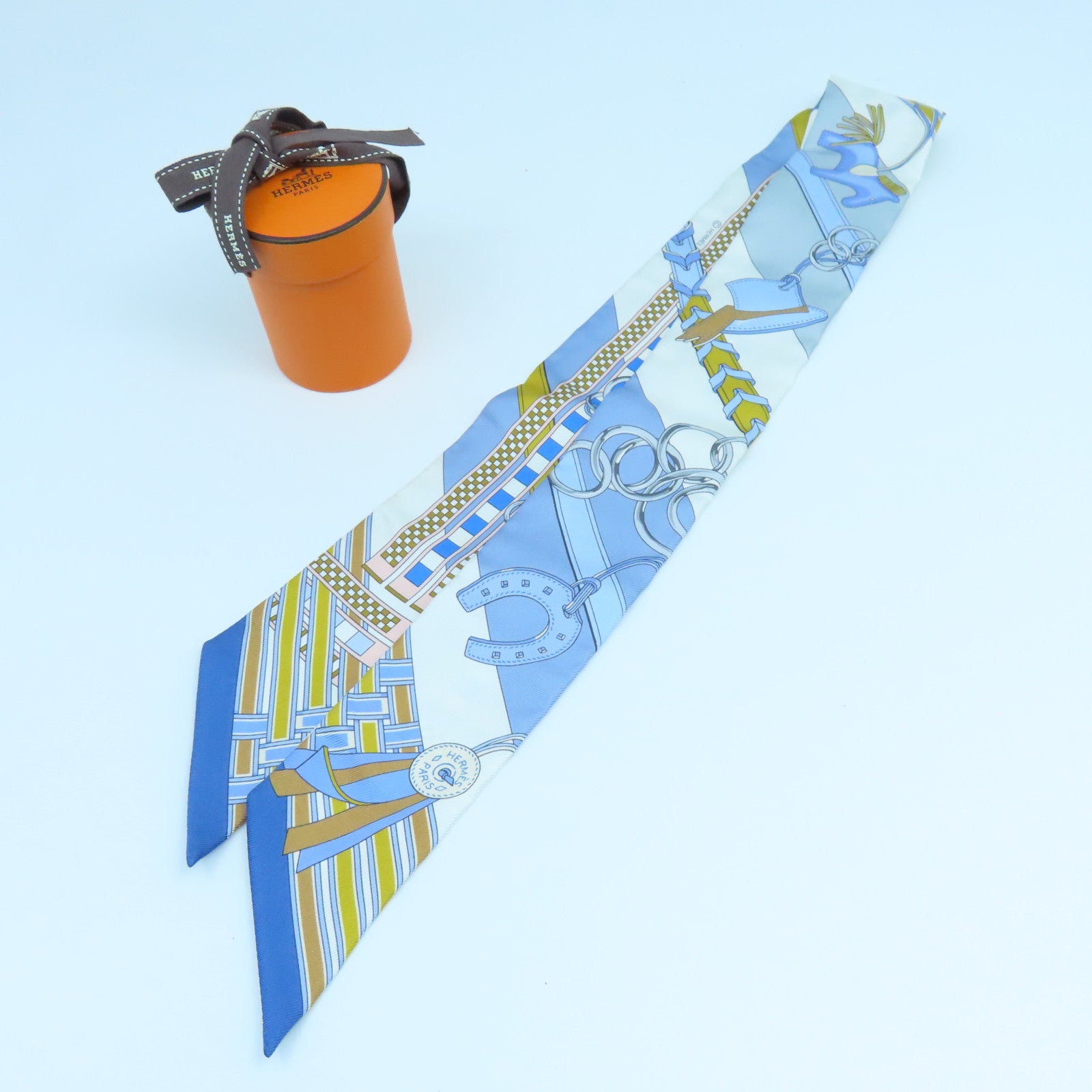 HERMES 絲質Twilly絲巾淺藍色白色黃色