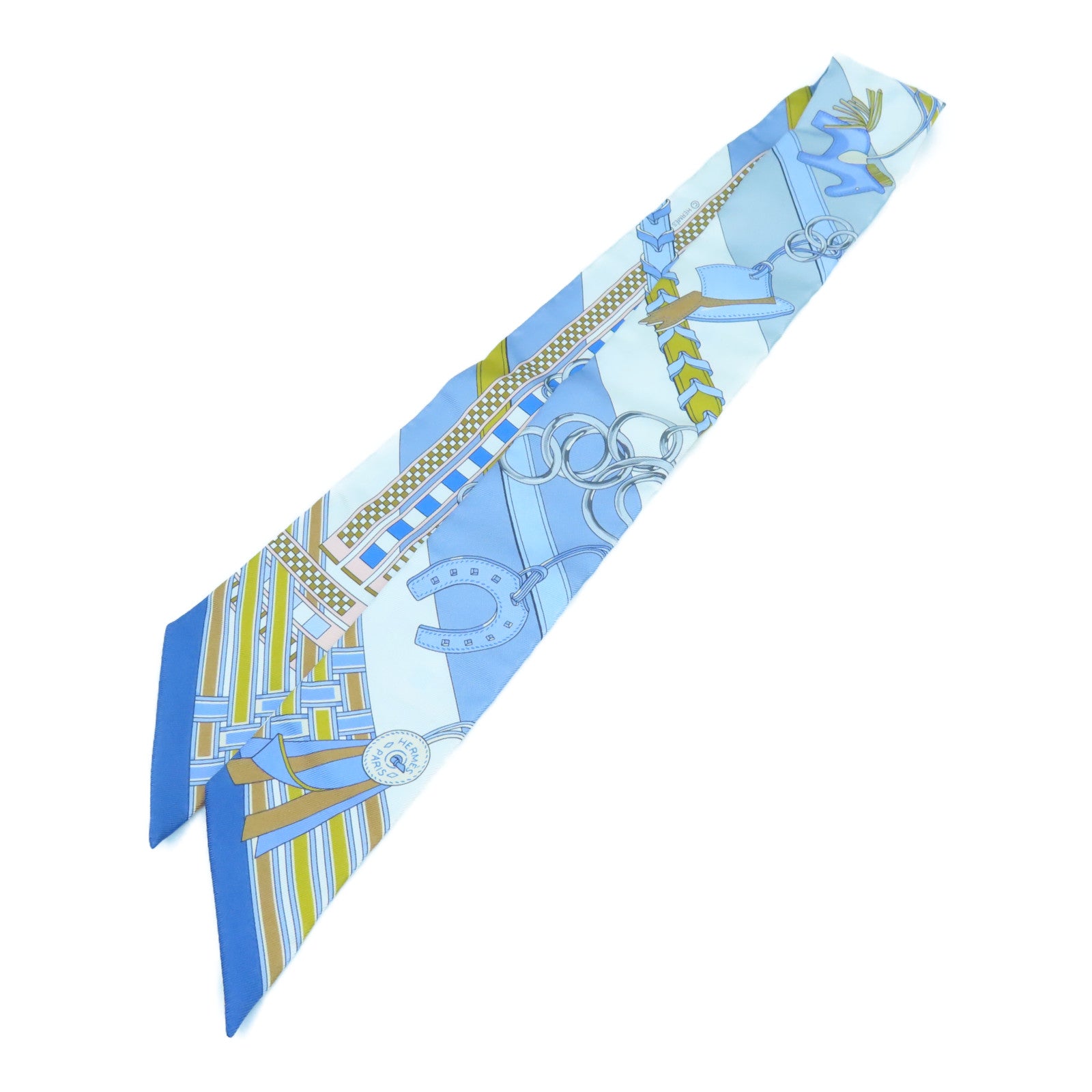 HERMES 絲質Twilly絲巾淺藍色白色黃色