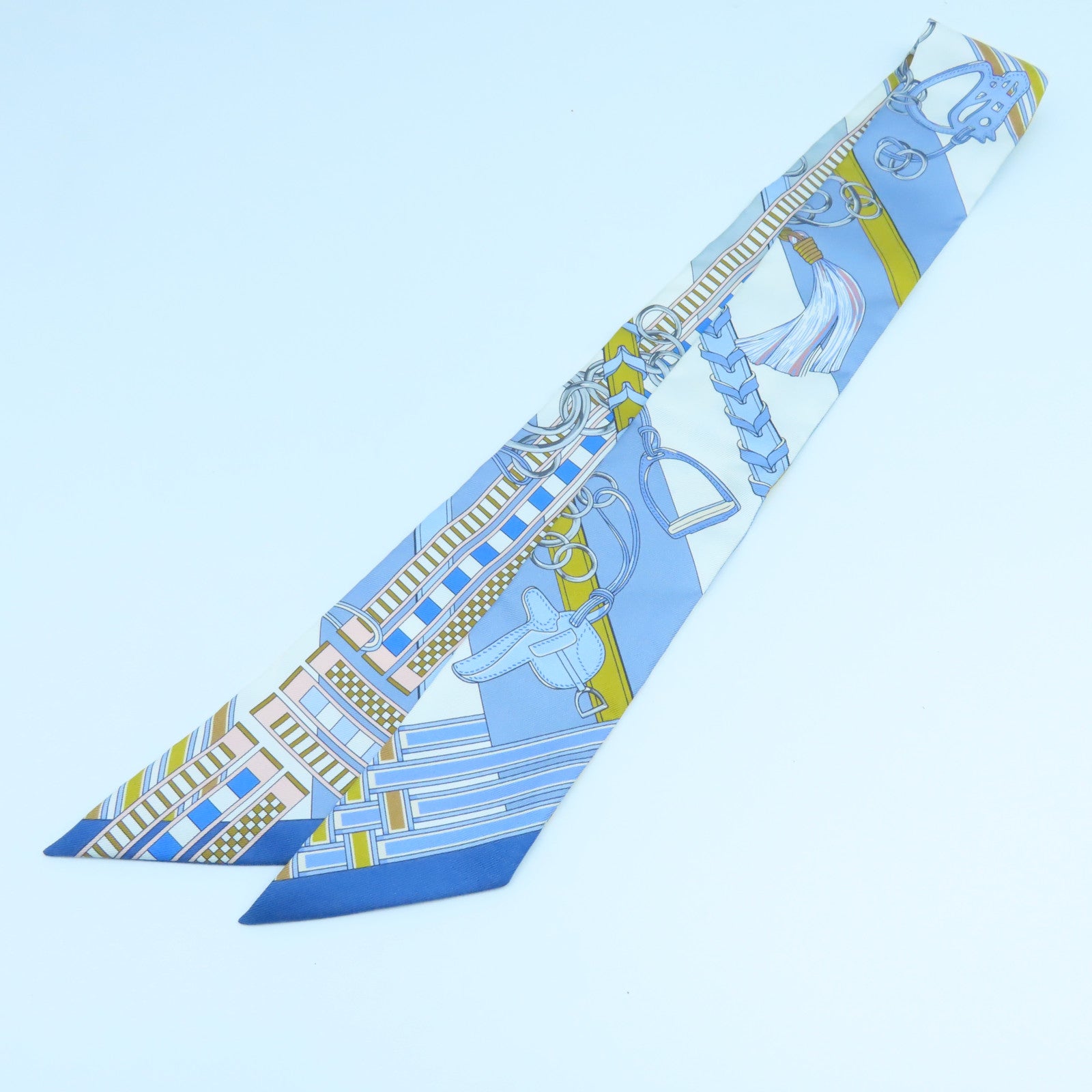 HERMES 絲質Twilly絲巾淺藍色白色黃色