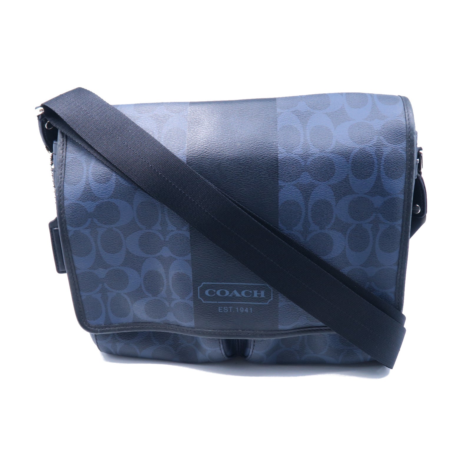 COACH 塗層帆布Messenger Bag銀扣肩背袋藍色/黑色