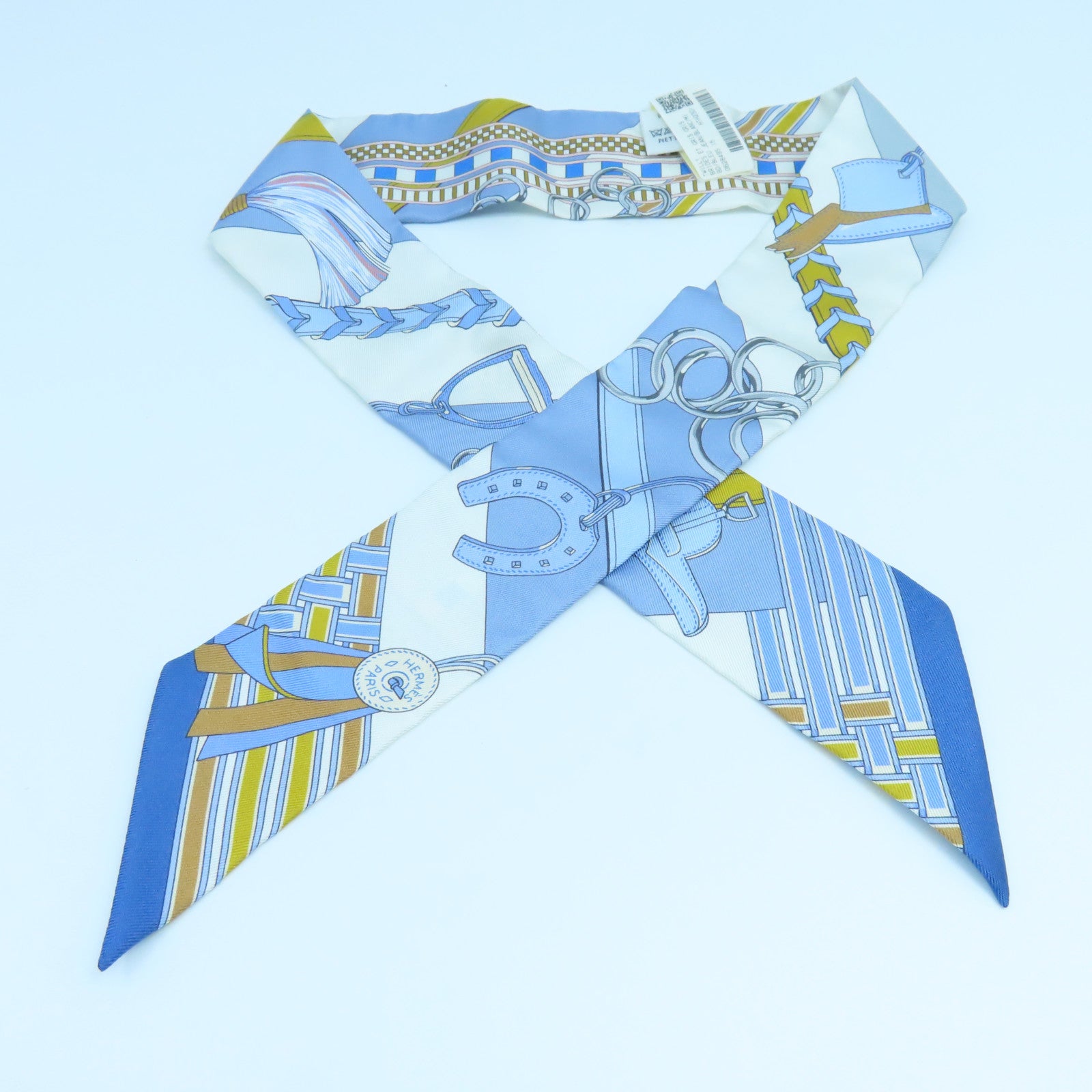 HERMES 絲質Twilly絲巾淺藍色白色黃色