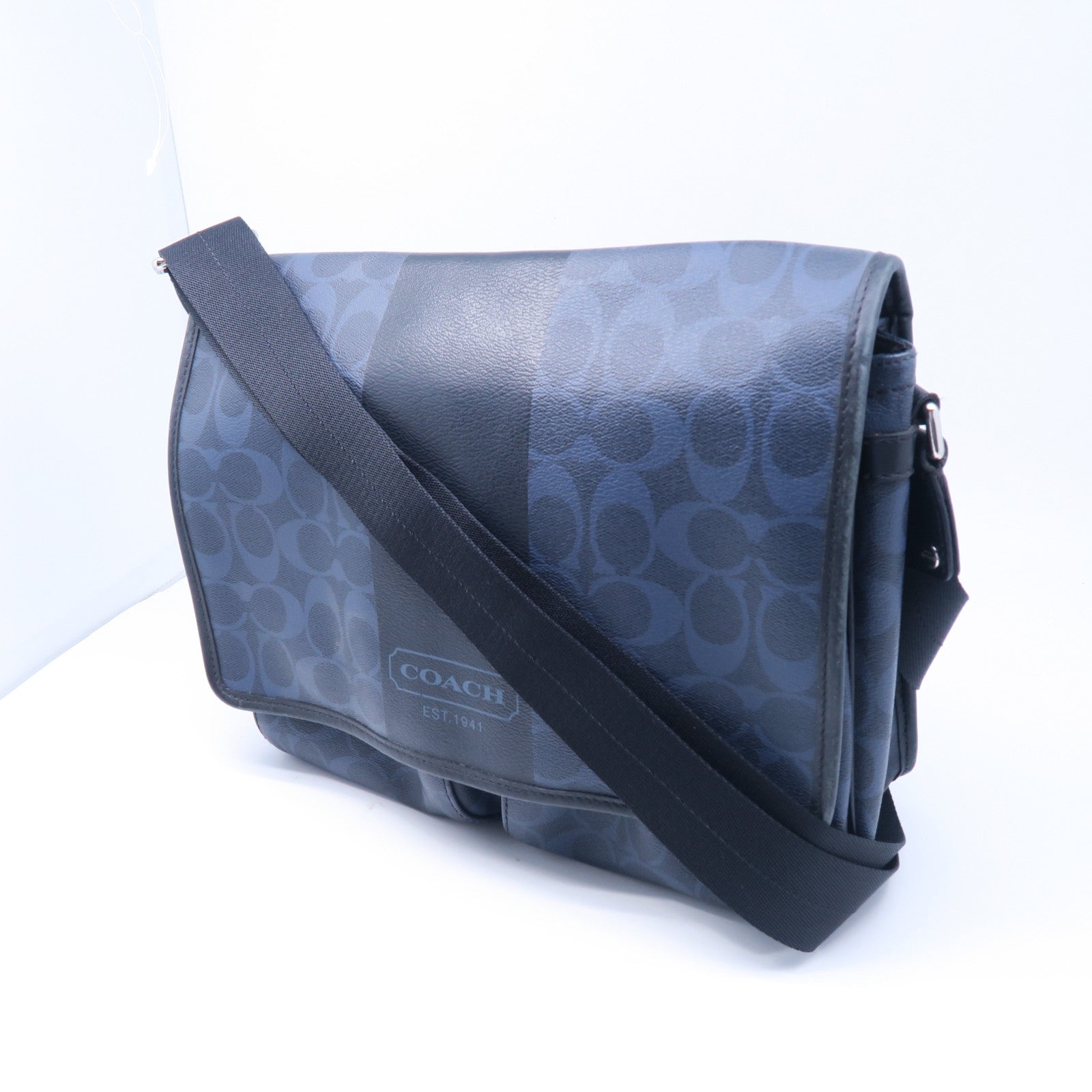 COACH 塗層帆布Messenger Bag銀扣肩背袋藍色/黑色