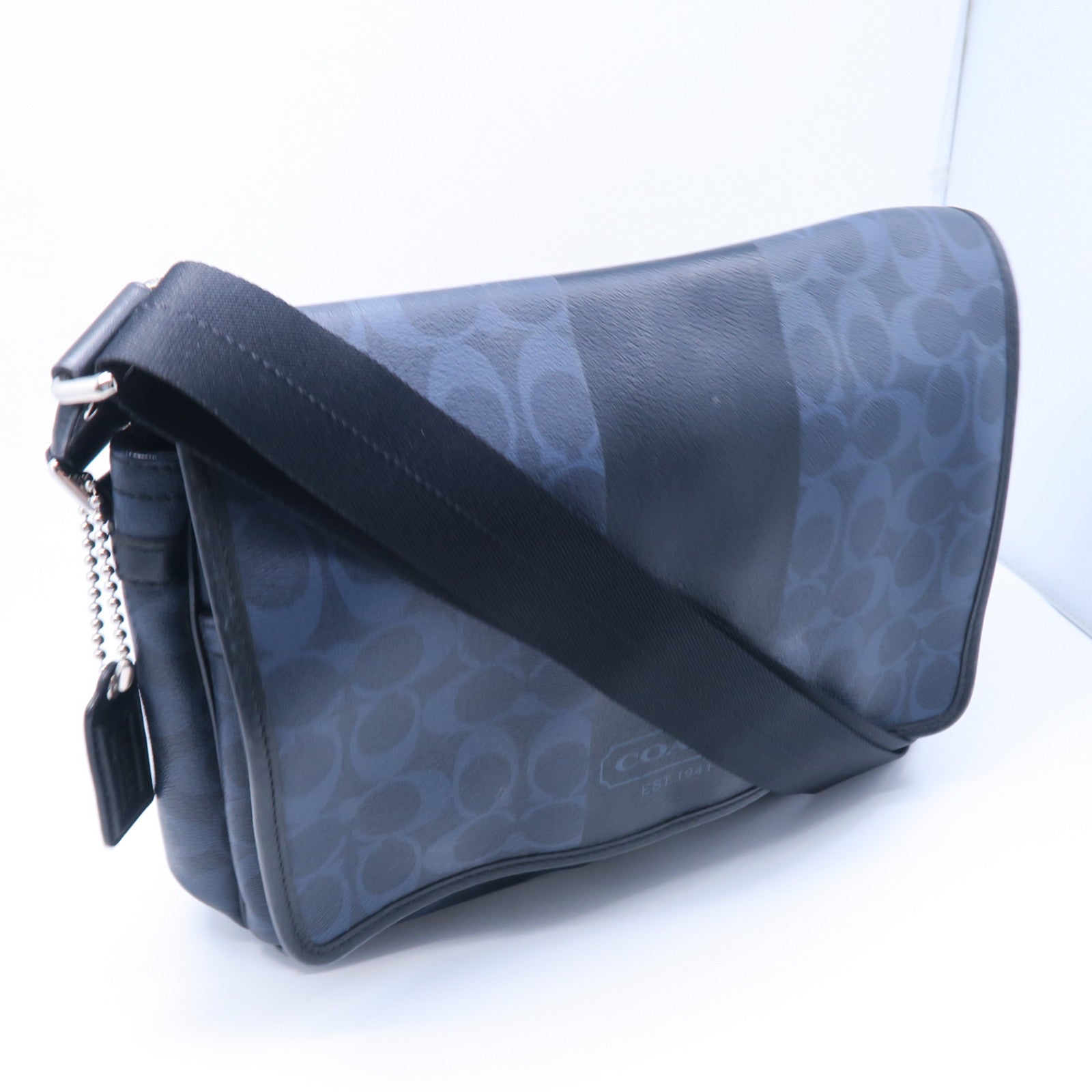 COACH 塗層帆布Messenger Bag銀扣肩背袋藍色/黑色