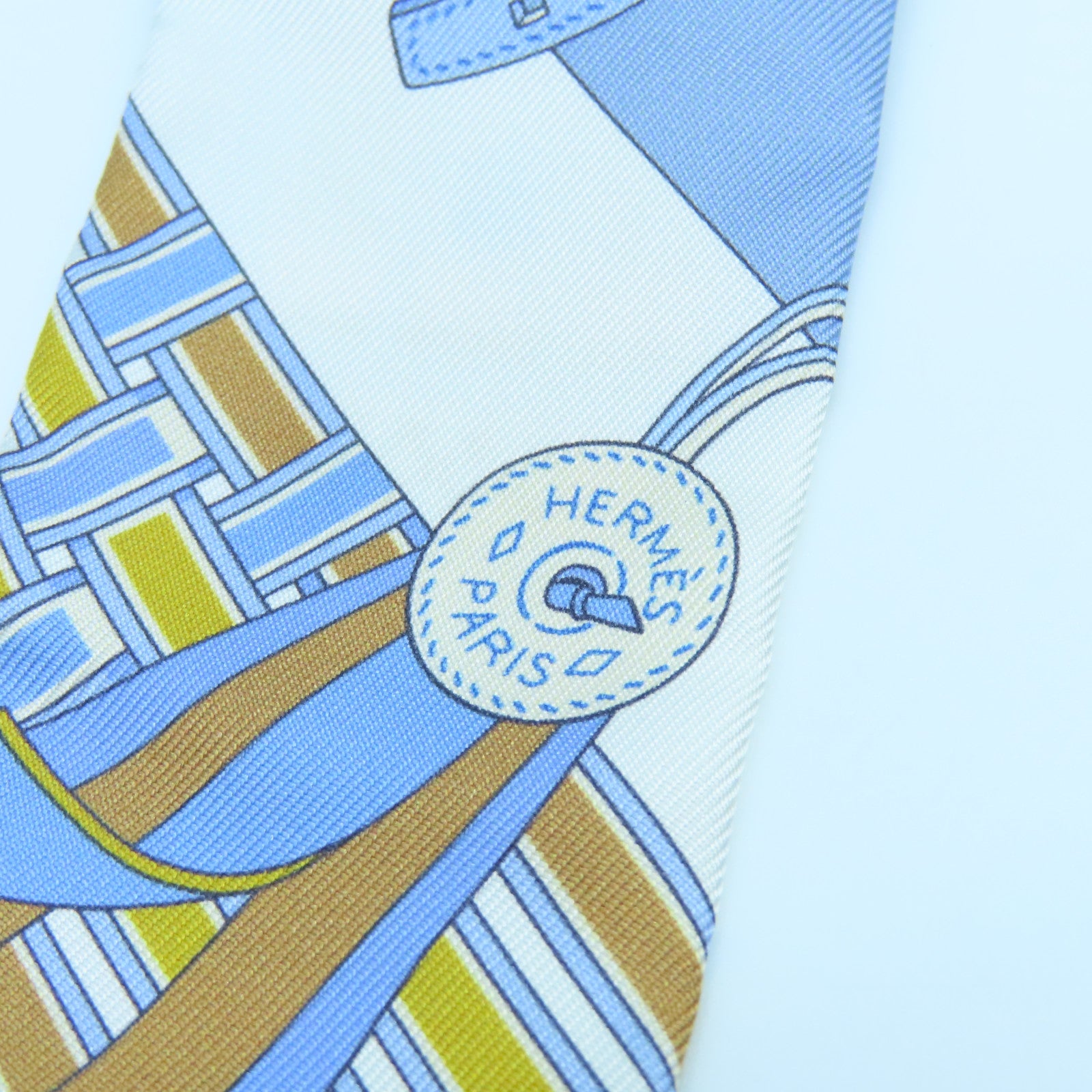 HERMES 絲質Twilly絲巾淺藍色白色黃色