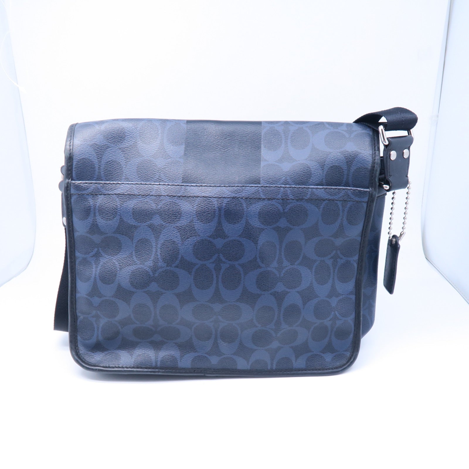 COACH 塗層帆布Messenger Bag銀扣肩背袋藍色/黑色