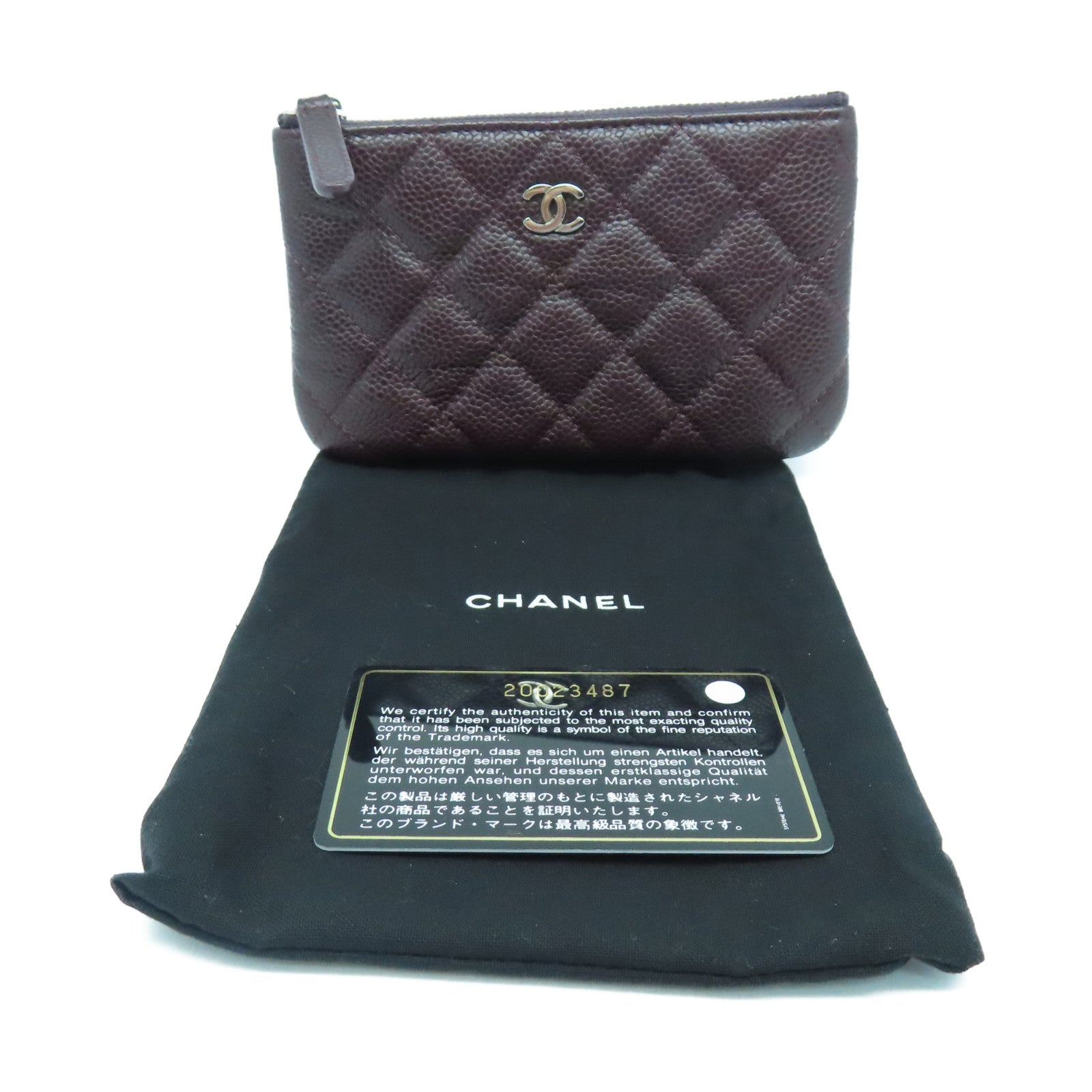 CHANEL Rhombus Caviar Leather Mini Pouch Silver Buckle Card Holder Brown