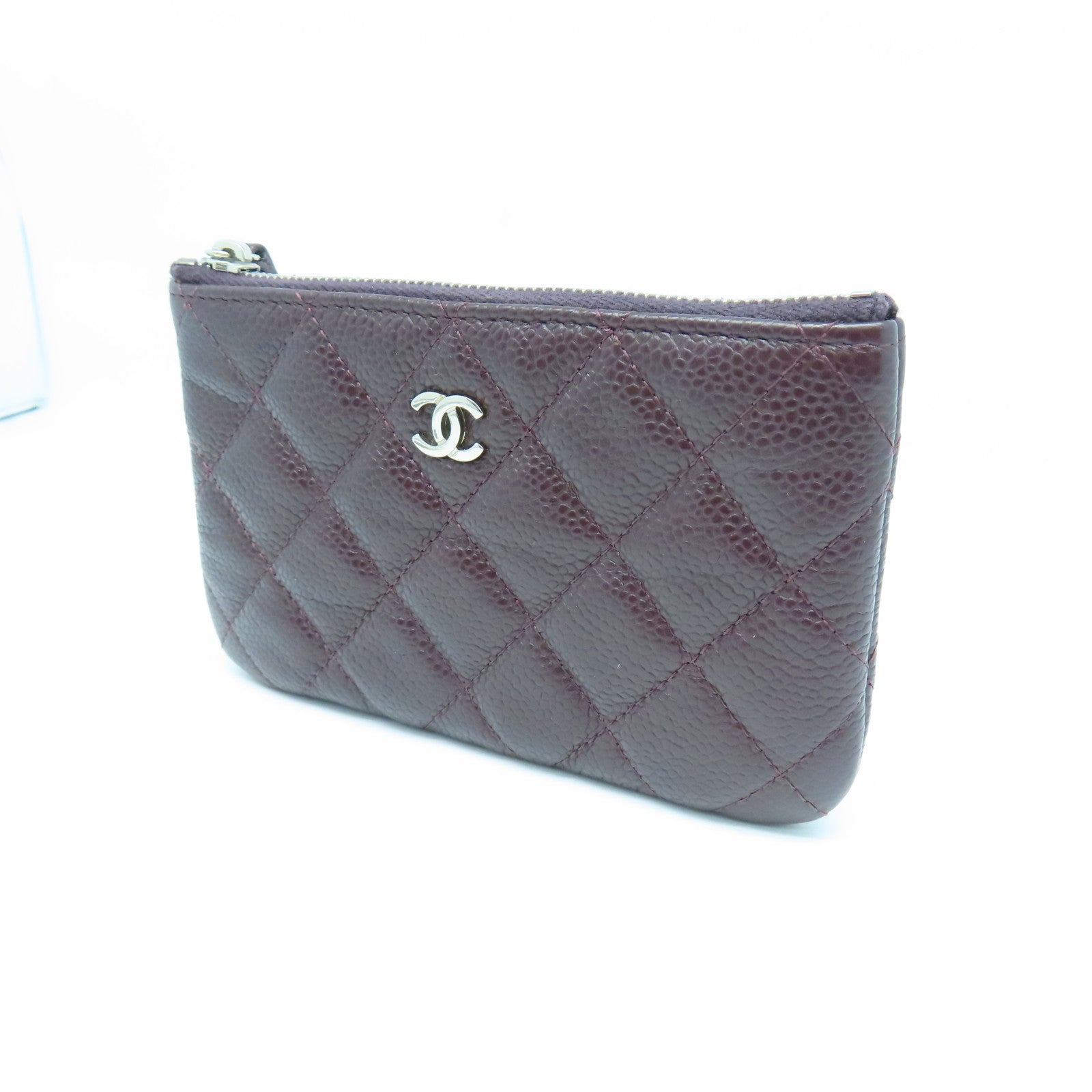 CHANEL Rhombus Caviar Leather Mini Pouch Silver Buckle Card Holder Brown