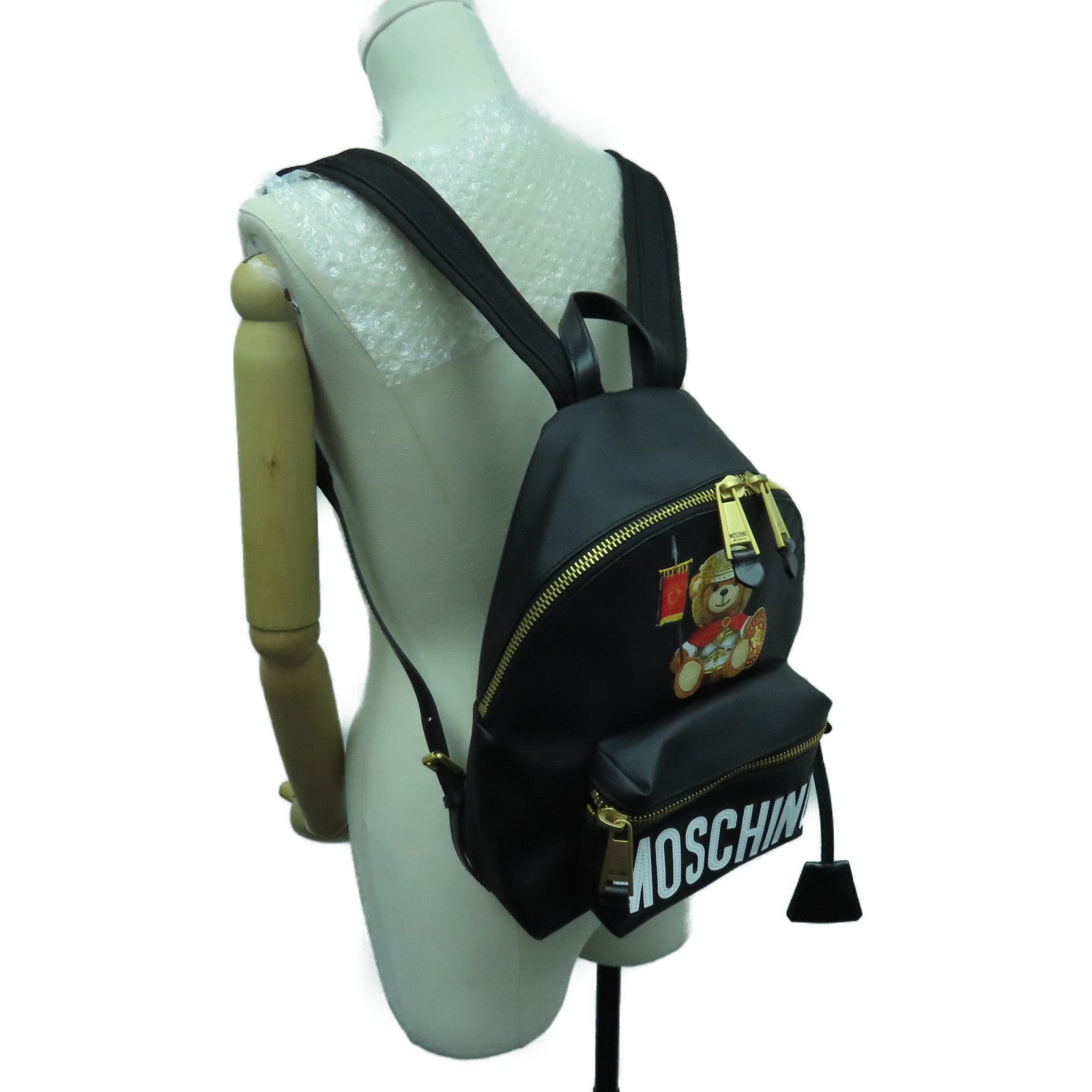 MOSCHINO 涂层帆布Roma Teddy Bear Backpack金扣背包黑色