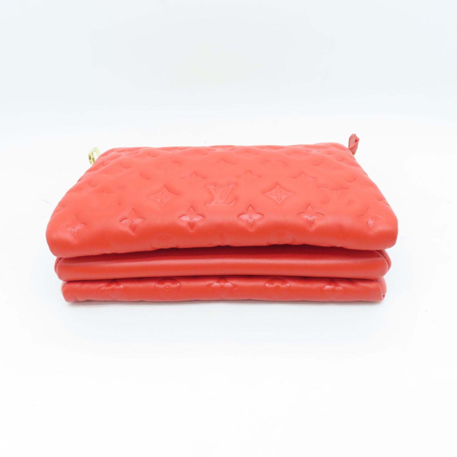 LOUIS VUITTON Monogram Embossed Coussin PM gold buckle handle shoulder bag red