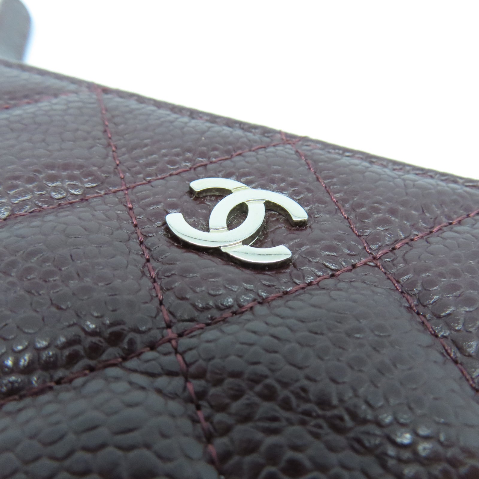 CHANEL Rhombus Caviar Leather Mini Pouch Silver Buckle Card Holder Brown