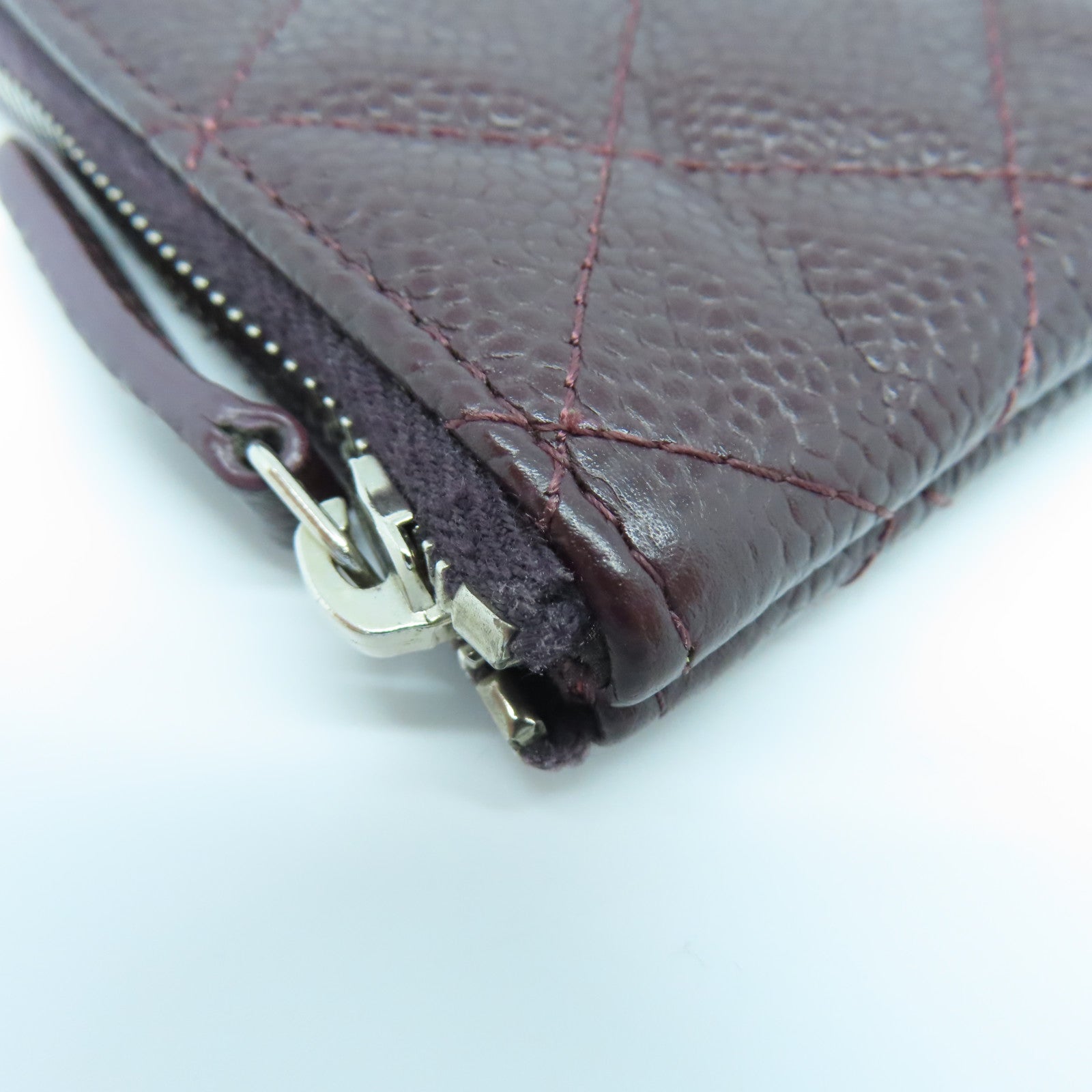CHANEL Rhombus Caviar Leather Mini Pouch Silver Buckle Card Holder Brown