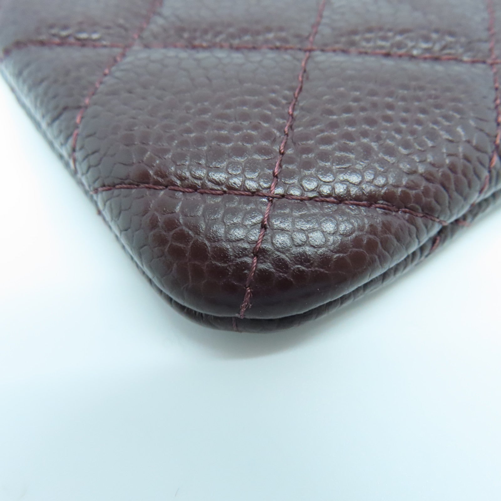 CHANEL Rhombus Caviar Leather Mini Pouch Silver Buckle Card Holder Brown