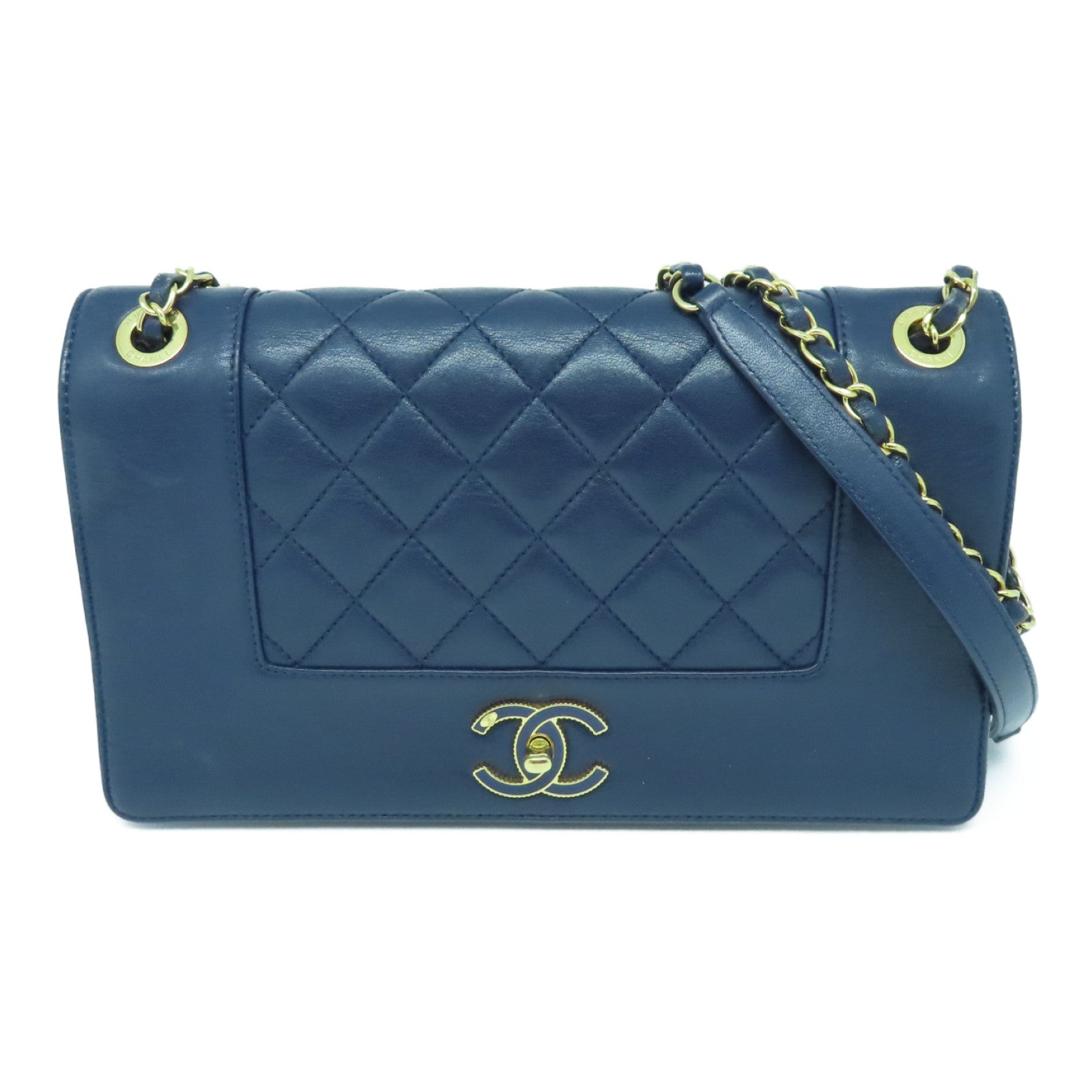 CHANEL Cowhide Leather Chain Shoulder Bag Gold Buckle Chain Belt Shoulder Bag Blue
