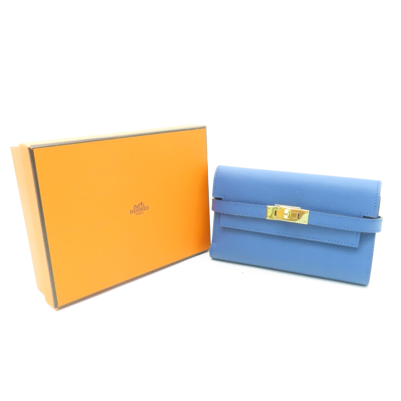 HERMES Veau Epsom皮革Kelly Short Wallet金扣錢包布頓藍色