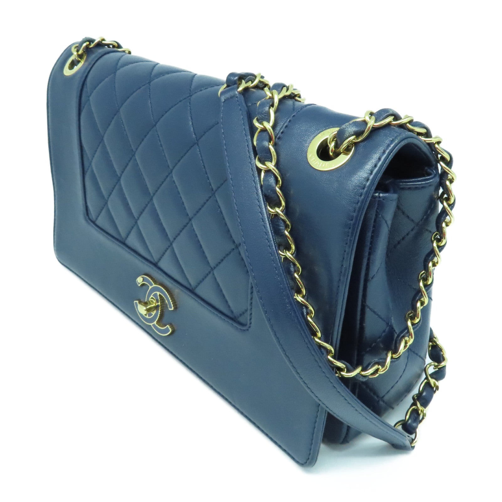 CHANEL Cowhide Leather Chain Shoulder Bag Gold Buckle Chain Belt Shoulder Bag Blue