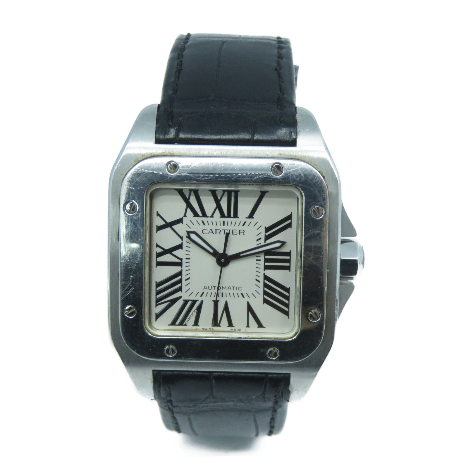 CARTIER Santos 100不銹鋼/皮革帶自動機芯手錶白色/黑色