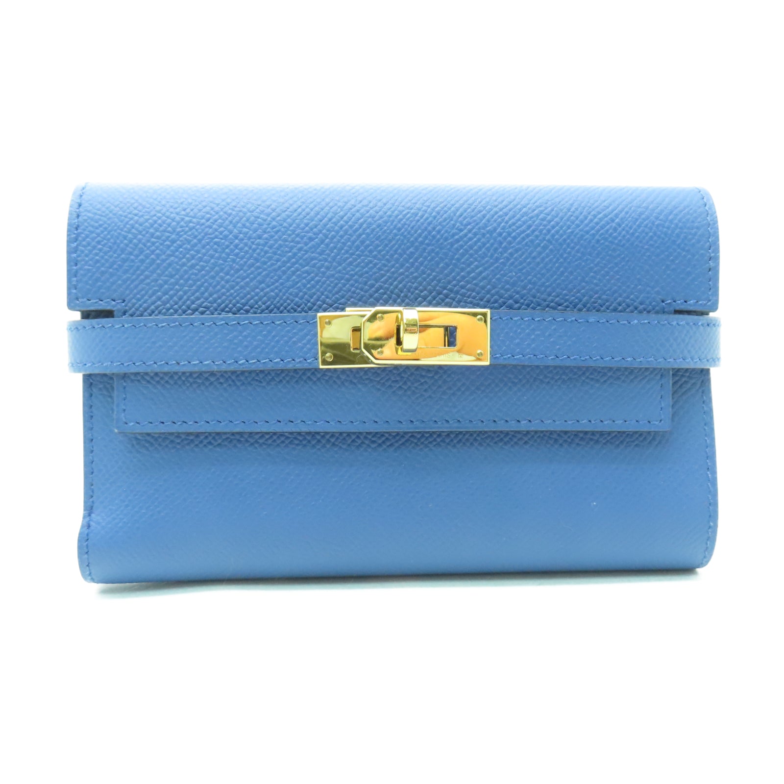 HERMES Veau Epsom皮革Kelly Short Wallet金扣錢包布頓藍色