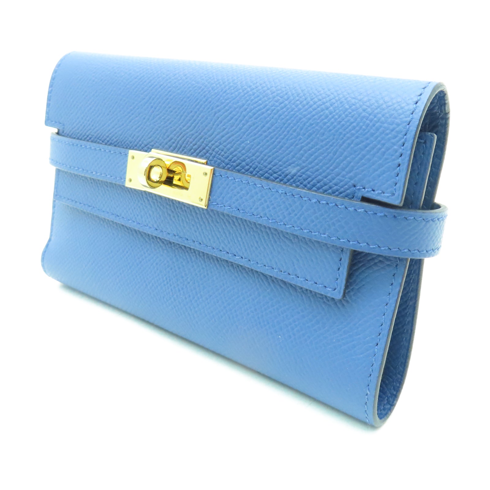 HERMES Veau Epsom皮革Kelly Short Wallet金扣錢包布頓藍色
