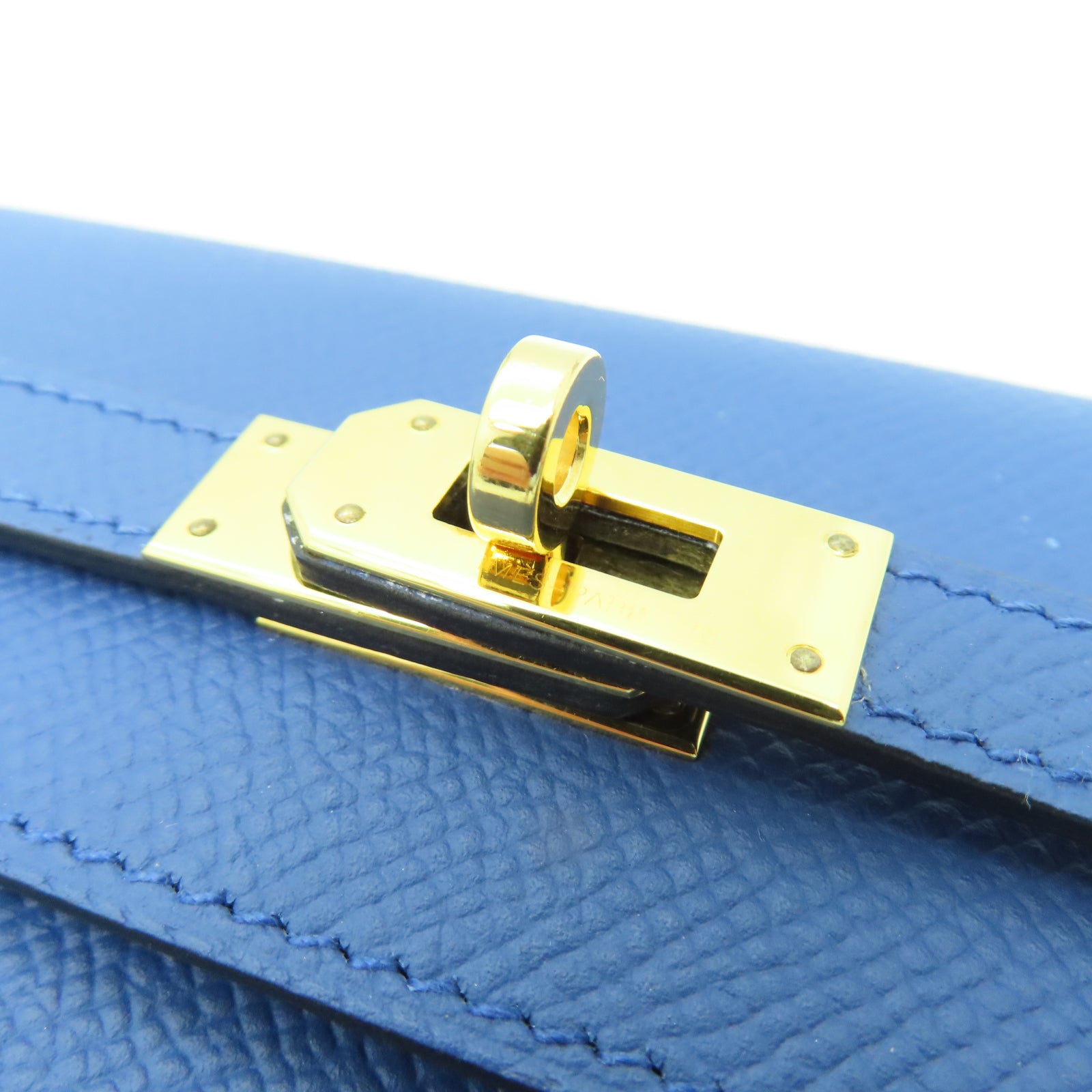 HERMES Veau Epsom皮革Kelly Short Wallet金扣錢包布頓藍色