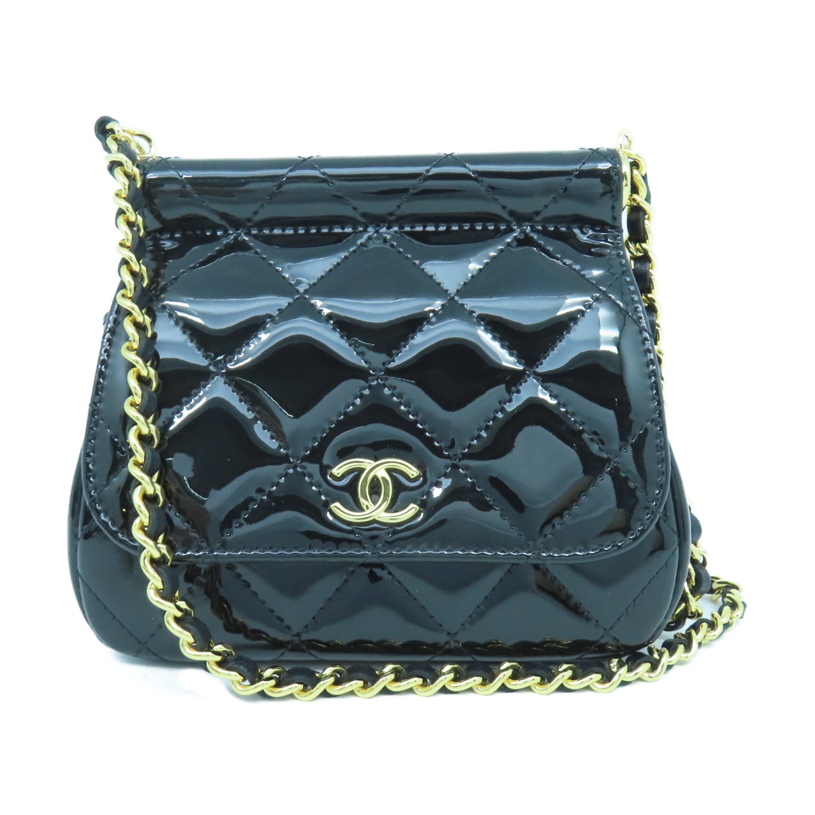 CHANEL 菱格漆皮皮革Chain Shoulder金扣鏈帶肩背袋黑色