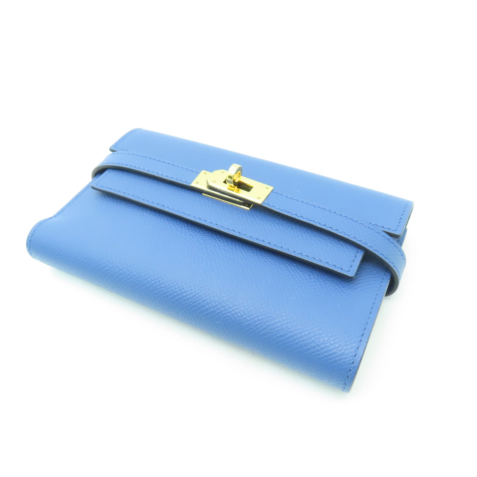 HERMES Veau Epsom皮革Kelly Short Wallet金扣錢包布頓藍色