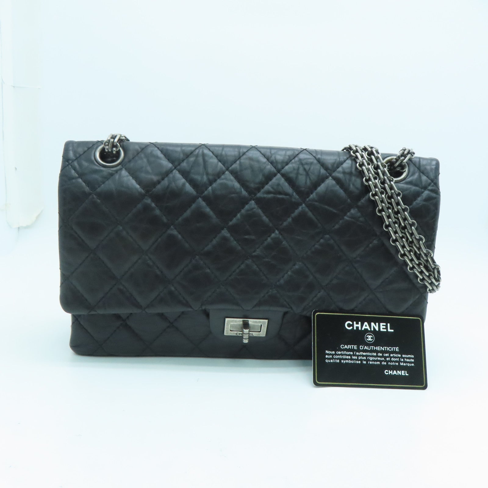CHANEL 菱格Aged Calf皮革Chain Shoulder银扣链带肩背袋黑色