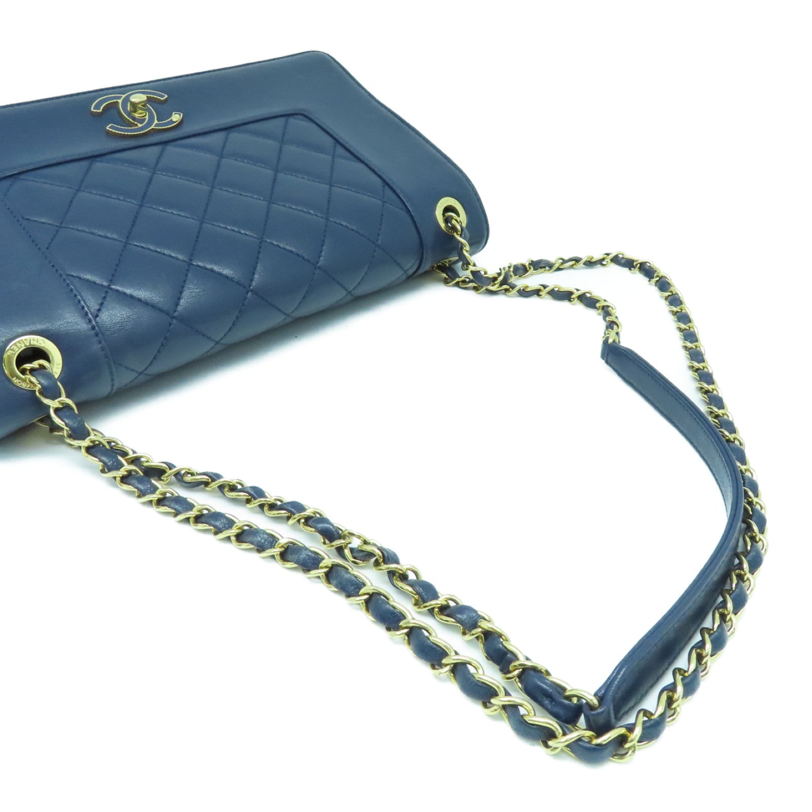 CHANEL Cowhide Leather Chain Shoulder Bag Gold Buckle Chain Belt Shoulder Bag Blue
