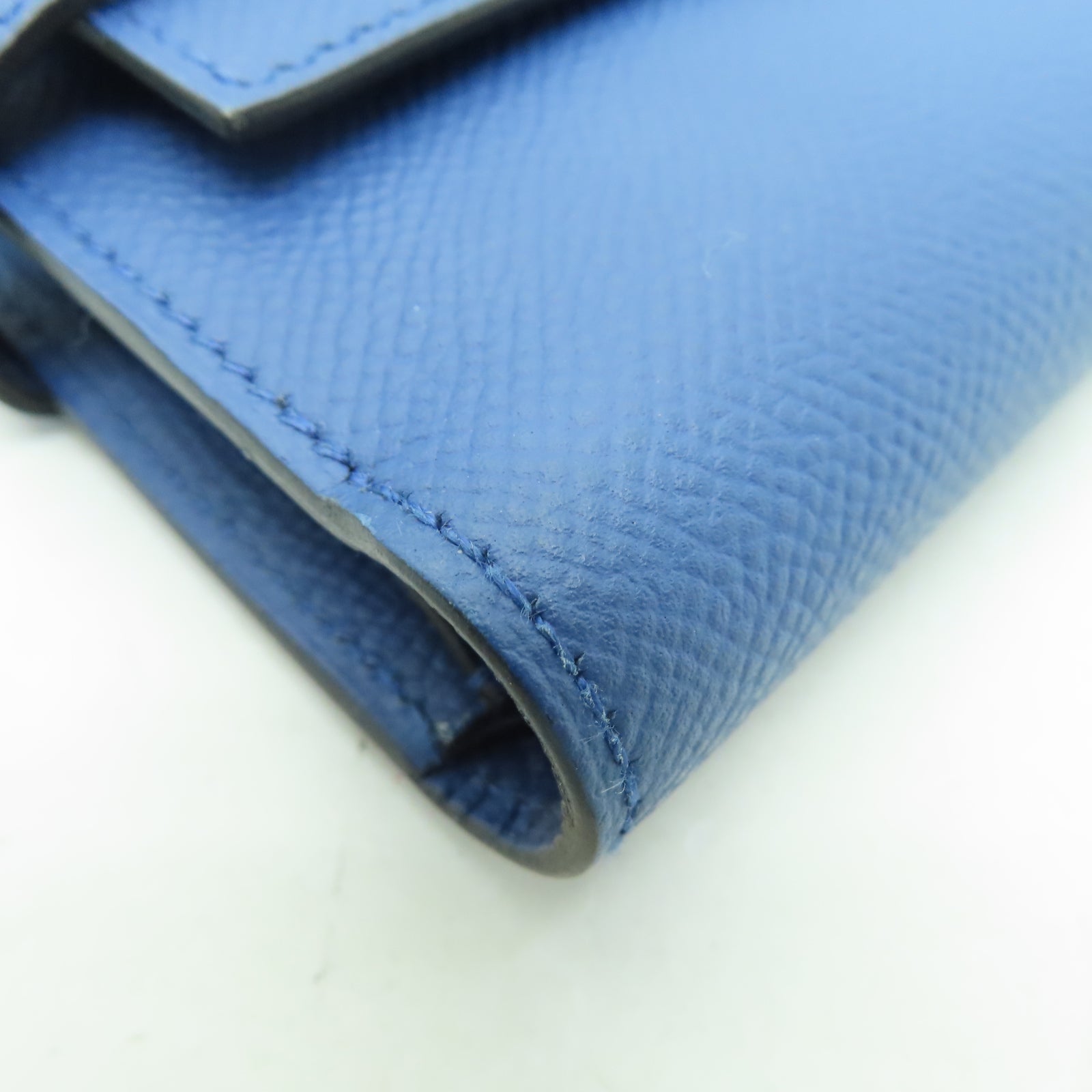 HERMES Veau Epsom皮革Kelly Short Wallet金扣錢包布頓藍色