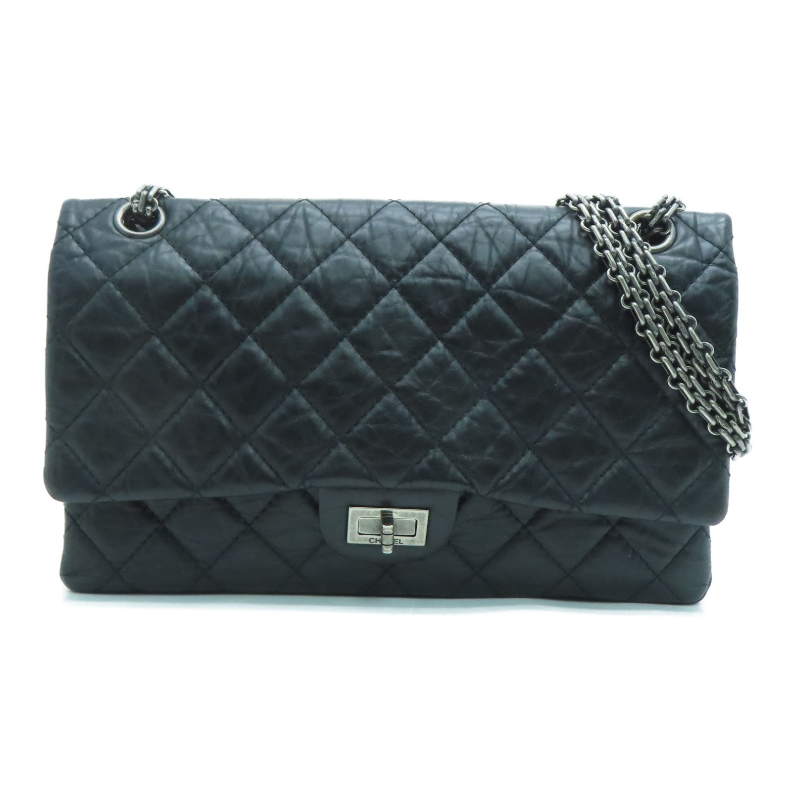 CHANEL 菱格Aged Calf皮革Chain Shoulder银扣链带肩背袋黑色