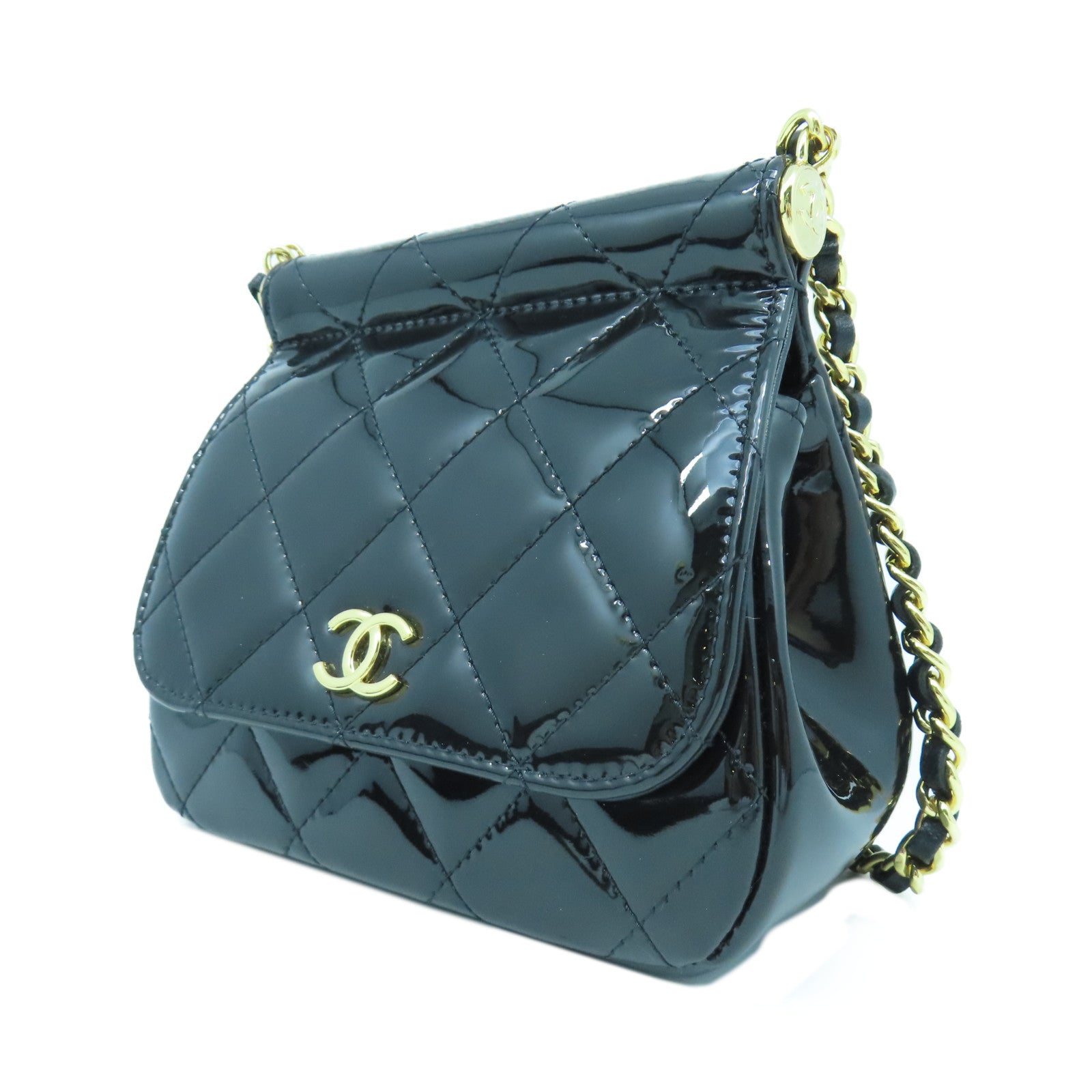 CHANEL 菱格漆皮皮革Chain Shoulder金扣鏈帶肩背袋黑色