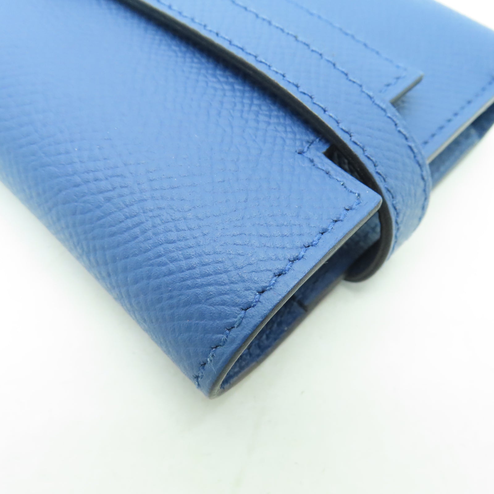 HERMES Veau Epsom皮革Kelly Short Wallet金扣錢包布頓藍色