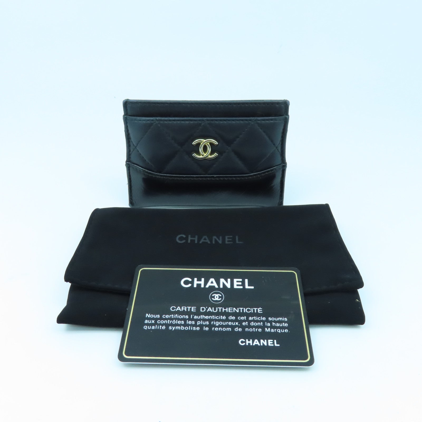 CHANEL 菱格牛皮皮革Card Case金扣卡片套黑色