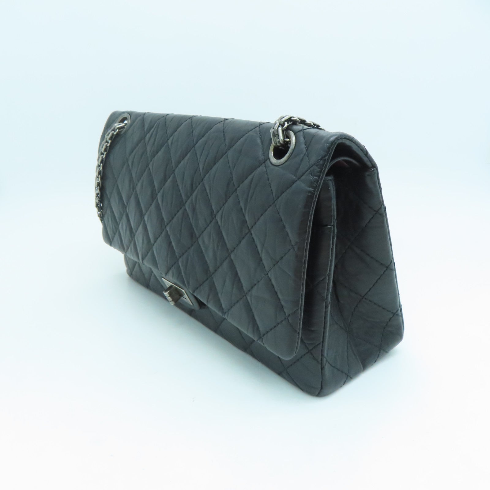 CHANEL 菱格Aged Calf皮革Chain Shoulder银扣链带肩背袋黑色