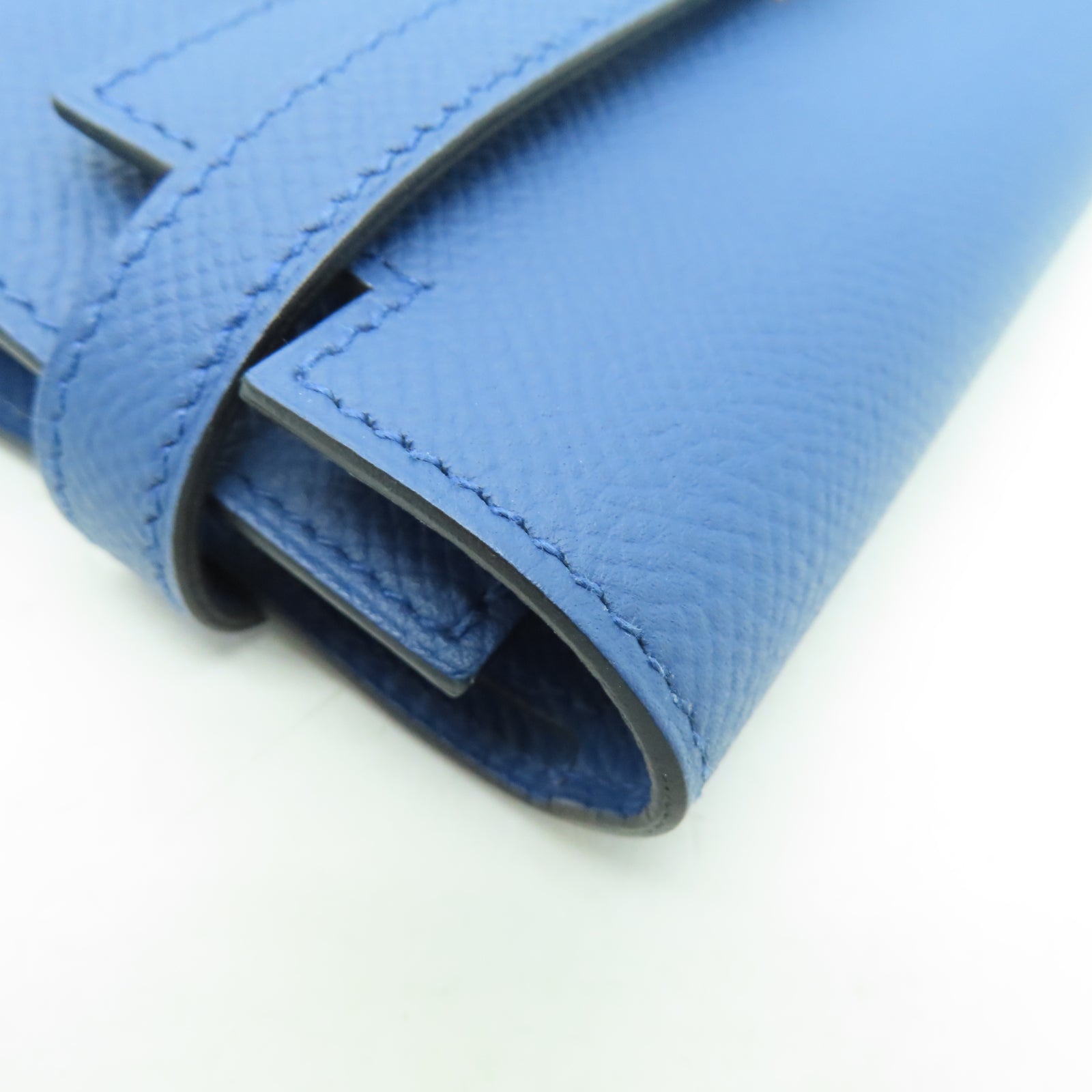 HERMES Veau Epsom皮革Kelly Short Wallet金扣錢包布頓藍色