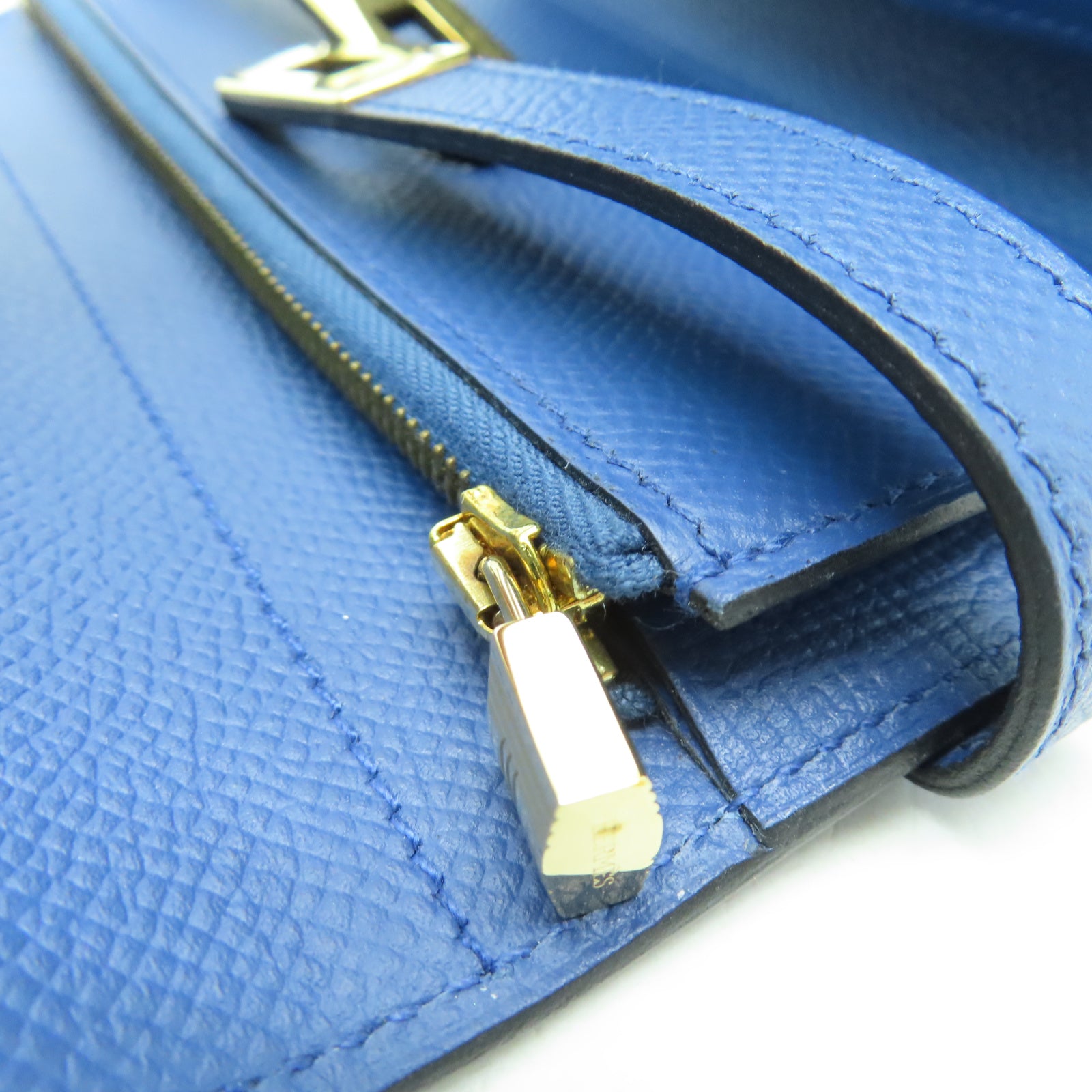 HERMES Veau Epsom皮革Kelly Short Wallet金扣錢包布頓藍色