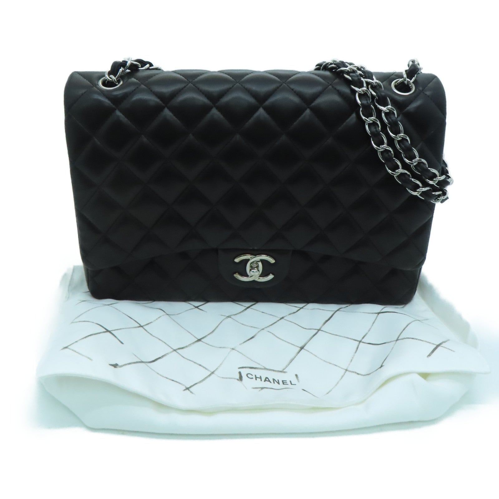 CHANEL 菱格羊皮皮革Classic Maxi Jumbo銀扣肩背袋黑色